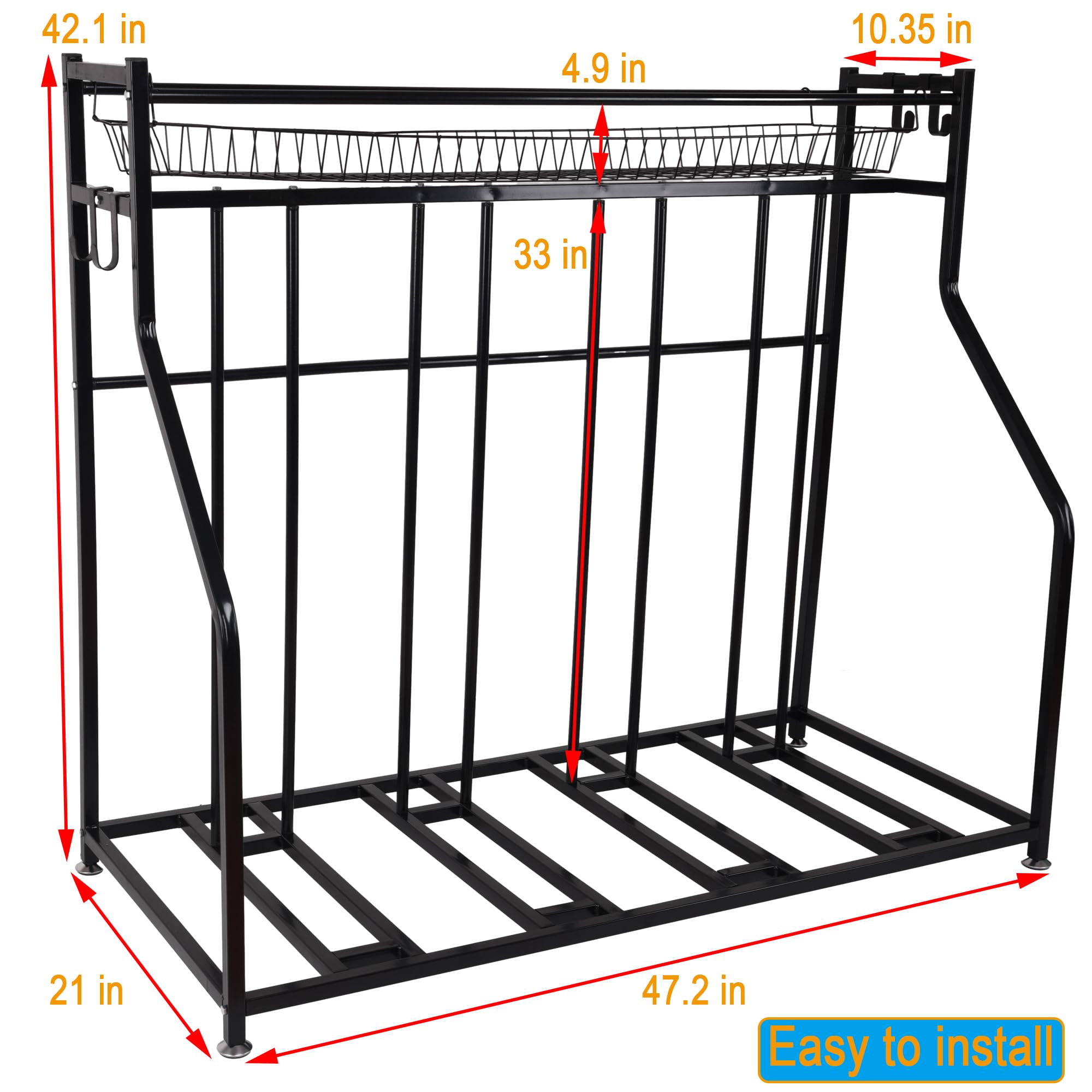 **Heavy Duty 4 Bike Rack Garage Stand - Adjustable Black Metal Floor Storage with Basket & Hooks - Fits 3