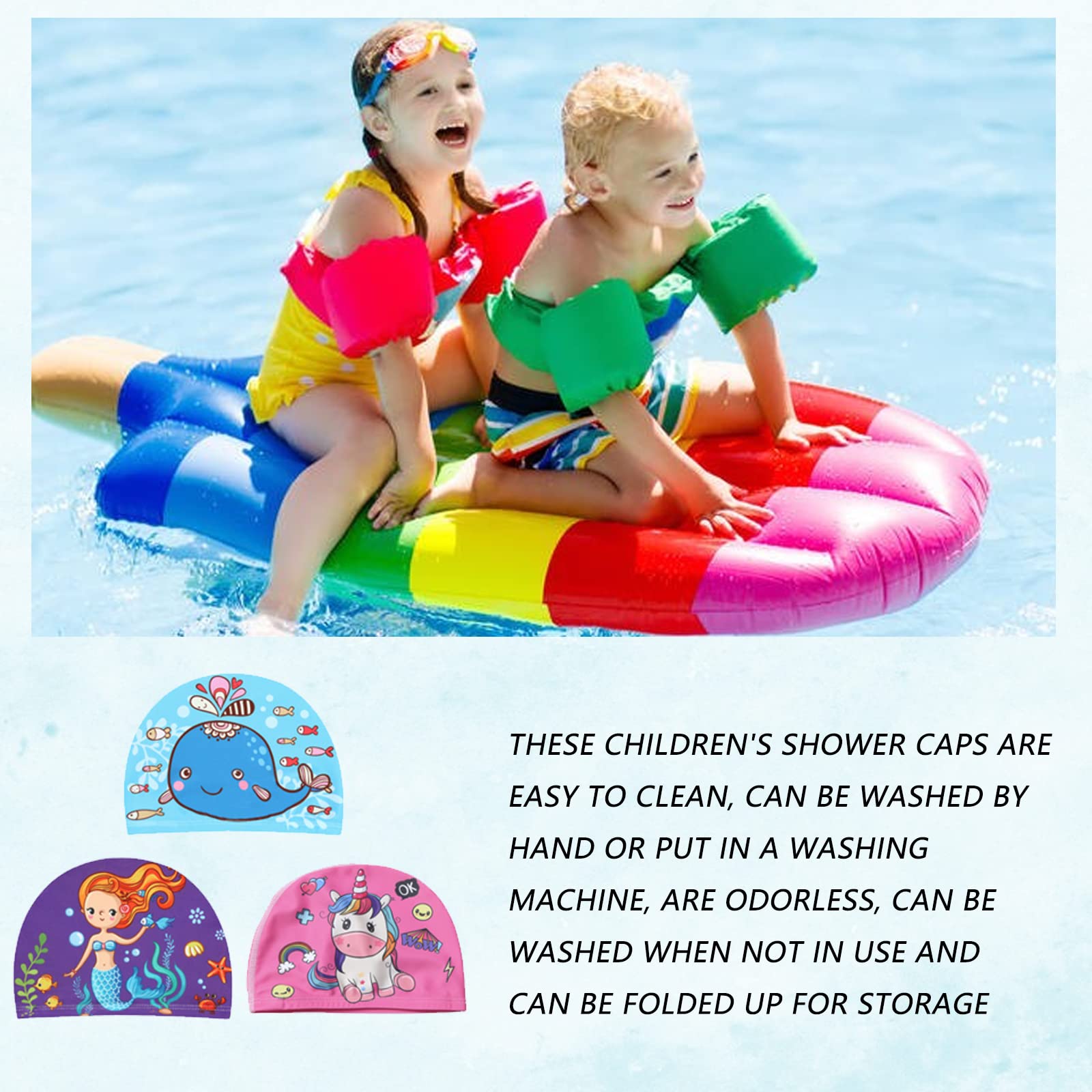 3 Pack Waterproof Swim Caps for Kids - Cartoon Design Bathing Caps for Girls & Boys with Long or Short Hair - Ideal for Swimming Lessons, Pool Parties & Beach Activities