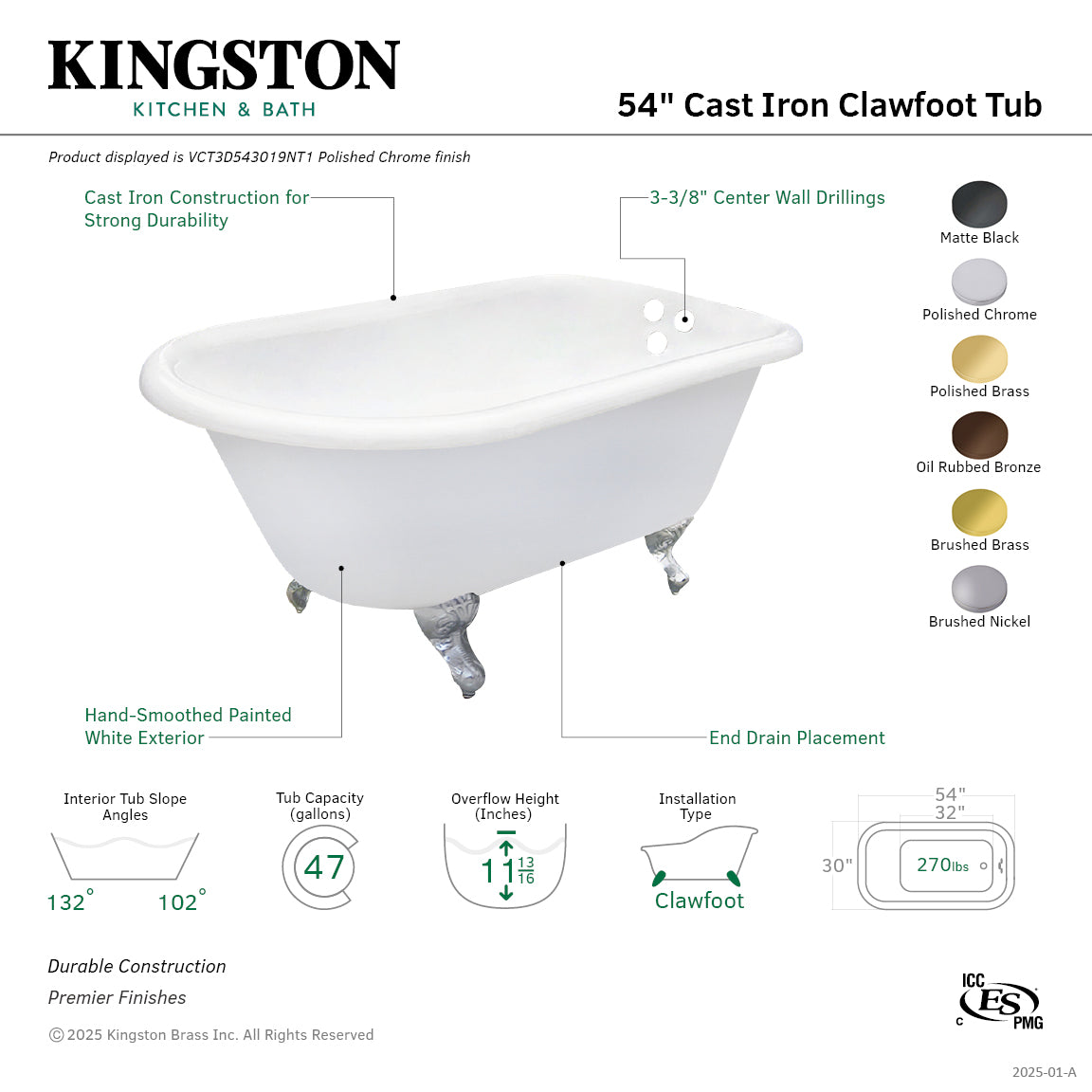54 Inch White Oval Clawfoot Tub with Brushed Brass Roll Top - Cast Iron Freestanding Bathtub for Vintage & Modern Bathrooms (3 3/8 Inch Wall Drillings) | Perfect for Spa Retreats, Master Bathrooms & Luxury Home Renovations