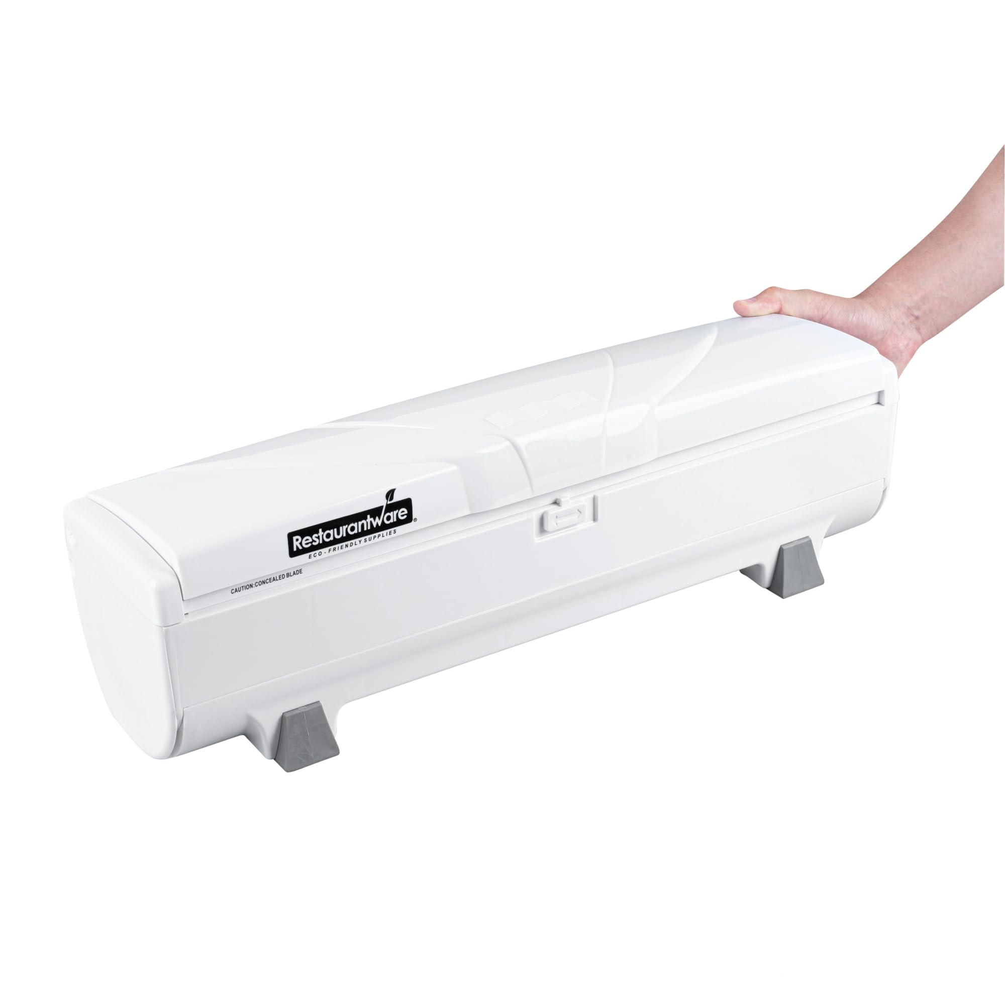 Restaurantware RW Base Food Wrap Dispenser with Cutter - Refillable Cling Wrap & Aluminum Foil Dispenser for 12” to 18” x 2000’ Rolls - Press Down & Cut System with Sharp Blade - White Plastic - Perfect for Restaurants, Catering & Home Kitchen Storage