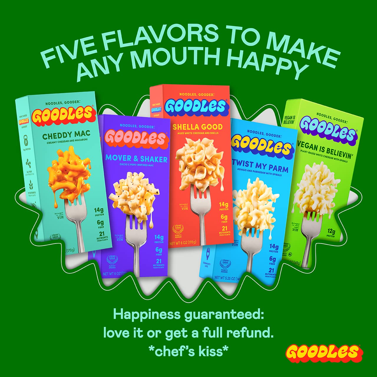 Goodles Vegan Is Believin’ Mac & Cheese 12-Pack (5.25oz Each) - High Protein (12g), Fiber (7g) with Prebiotics, 21 Essential Nutrients - Kosher & Clean Label Certified - Perfect for Quick Vegan Meals & Healthy Family Dinners