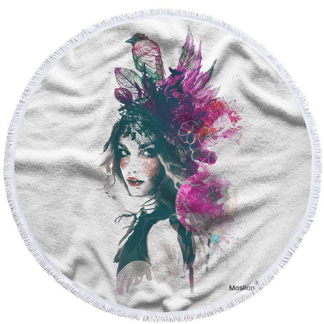 Moslion Oversized Round Beach Towel 63 Inch - Stylish Ink Birds Leafs Design, Soft Microfiber Polyester, Trendy Fashion Art for Women | Perfect for Beach, Pool, Picnic & Summer Outdoor Activities