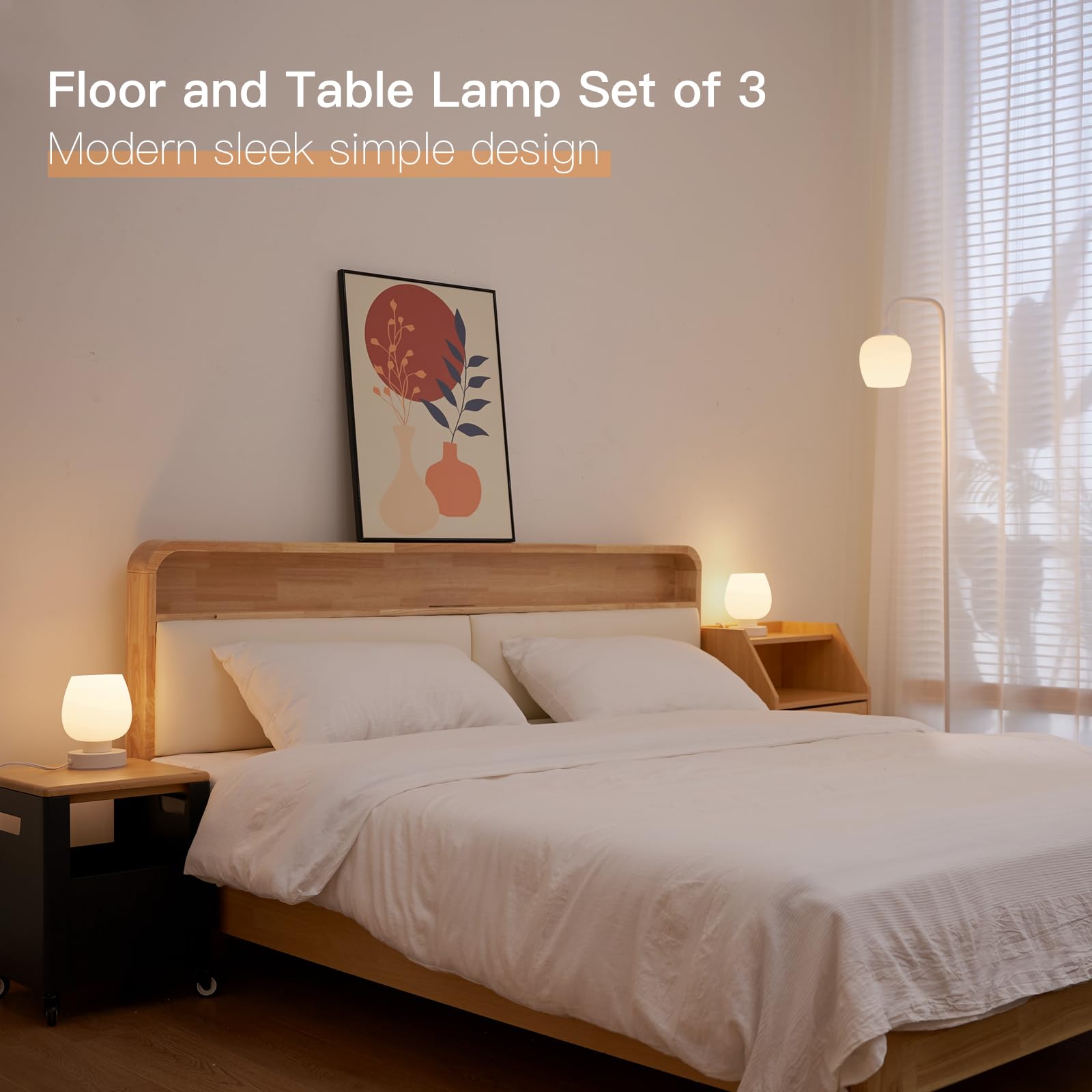 ONEWISH 3-Piece Lamp Set - 2 Touch Bedside Table Lamps & 1 Floor Lamp, Modern LED Lighting for Bedroom, Living Room, Office, Nightstand with White Opal Glass Shade (Bulbs Included) - Perfect for Reading, Relaxing and Home Decor