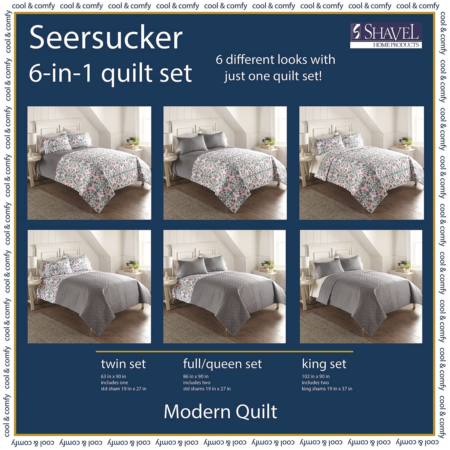 Shavel Home Products Seersucker 6-in-1 Reversible Quilt Set - King Size, Modern Bedspread with Matching Pillow Shams - Soft & Breathable for All Seasons - Perfect for Master Bedroom, Guest Room, and Dorm Decor