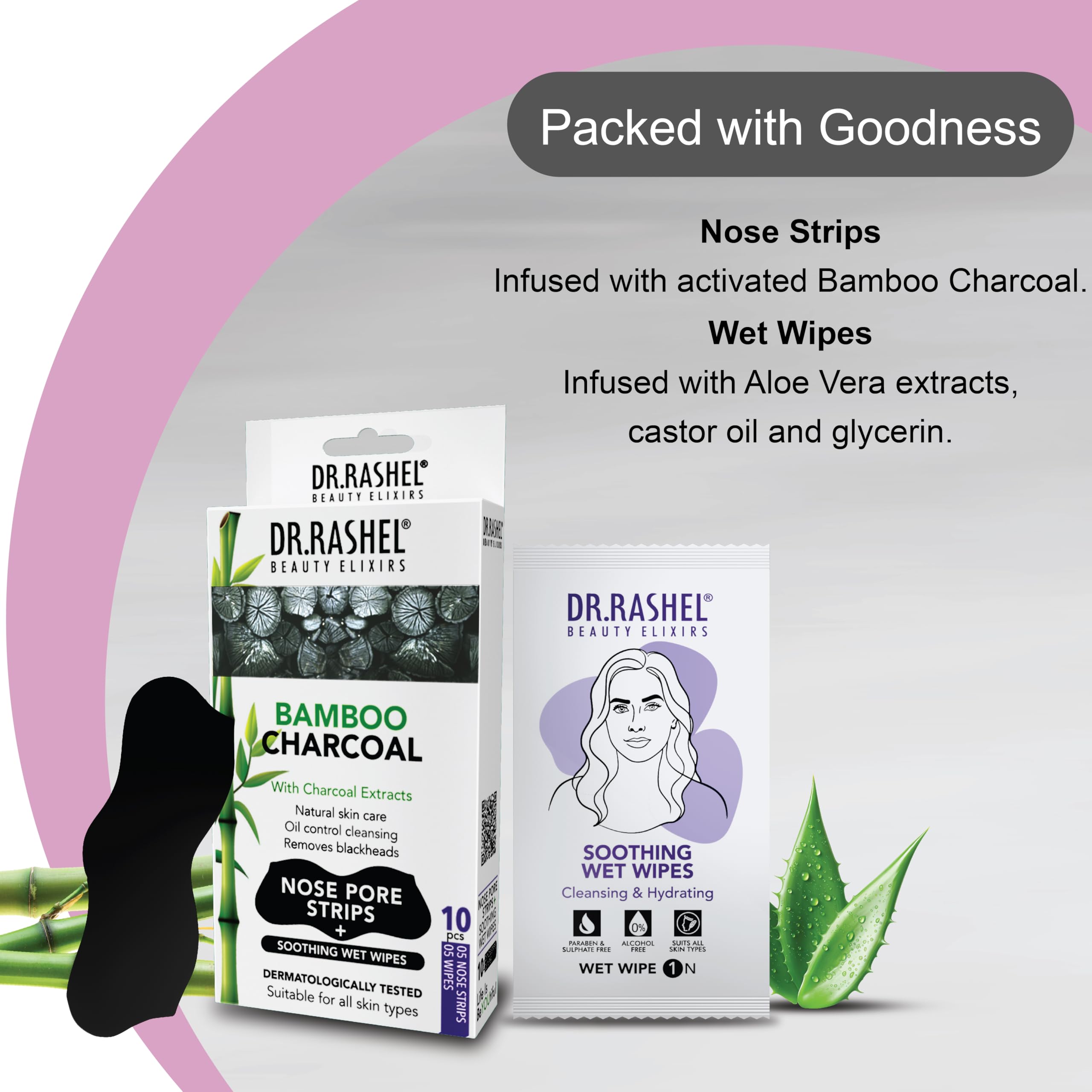Dr. Rashel Bamboo Charcoal Nose Pore Strips - 10 Pack (5 Strips & 5 Wipes) with Charcoal Extracts for Oil Control & Deep Cleansing | Blackhead Removal & Pore Minimizer for Clear Skin | Perfect for Daily Skincare & Spa Nights