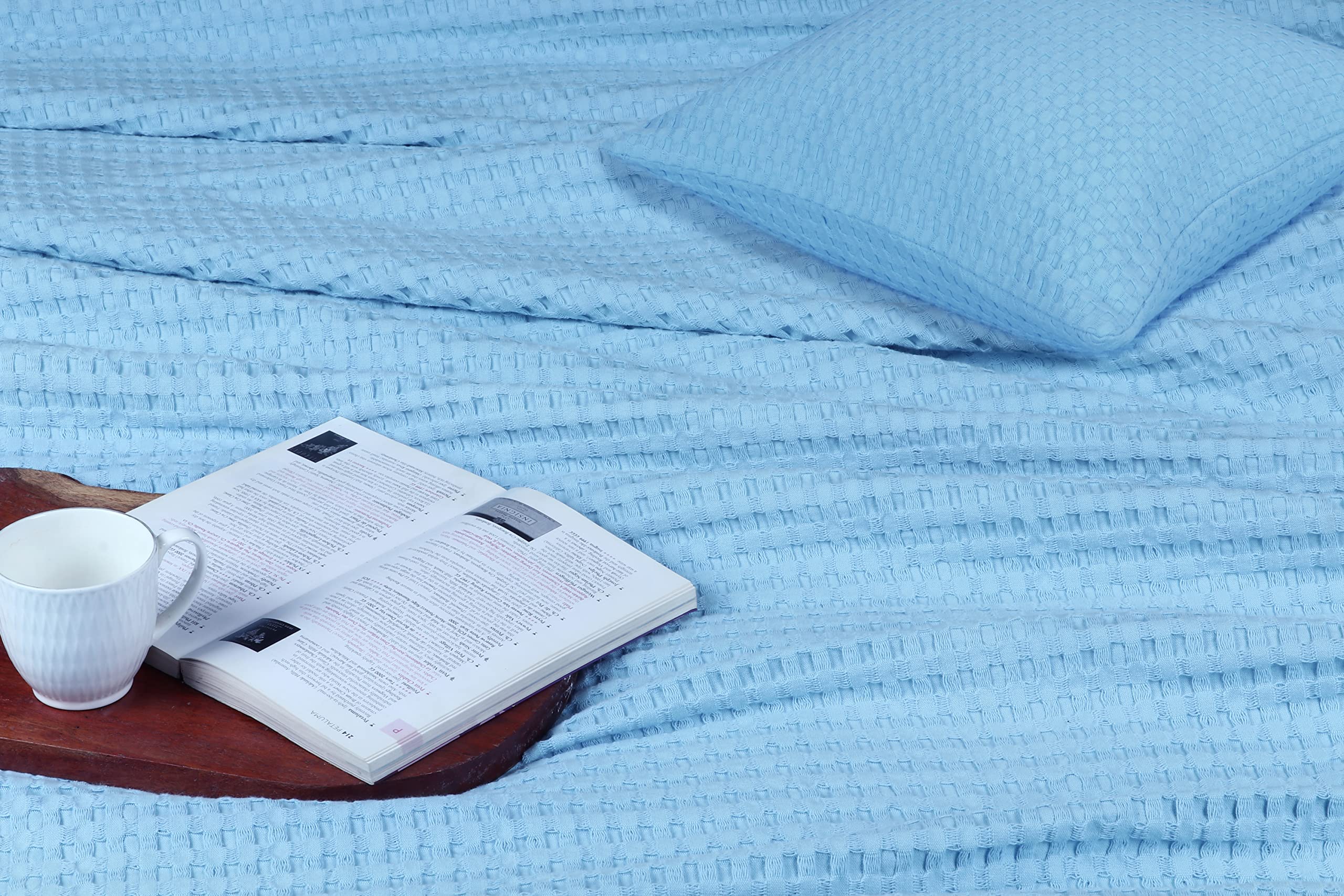 Tex Trend 100% Cotton Waffle Weave Queen Size Blanket - Lightweight, Breathable & Soft Bedding - Blue 90x90 Inches - Perfect for All-Season Comfort, Guest Rooms & Cozy Nights