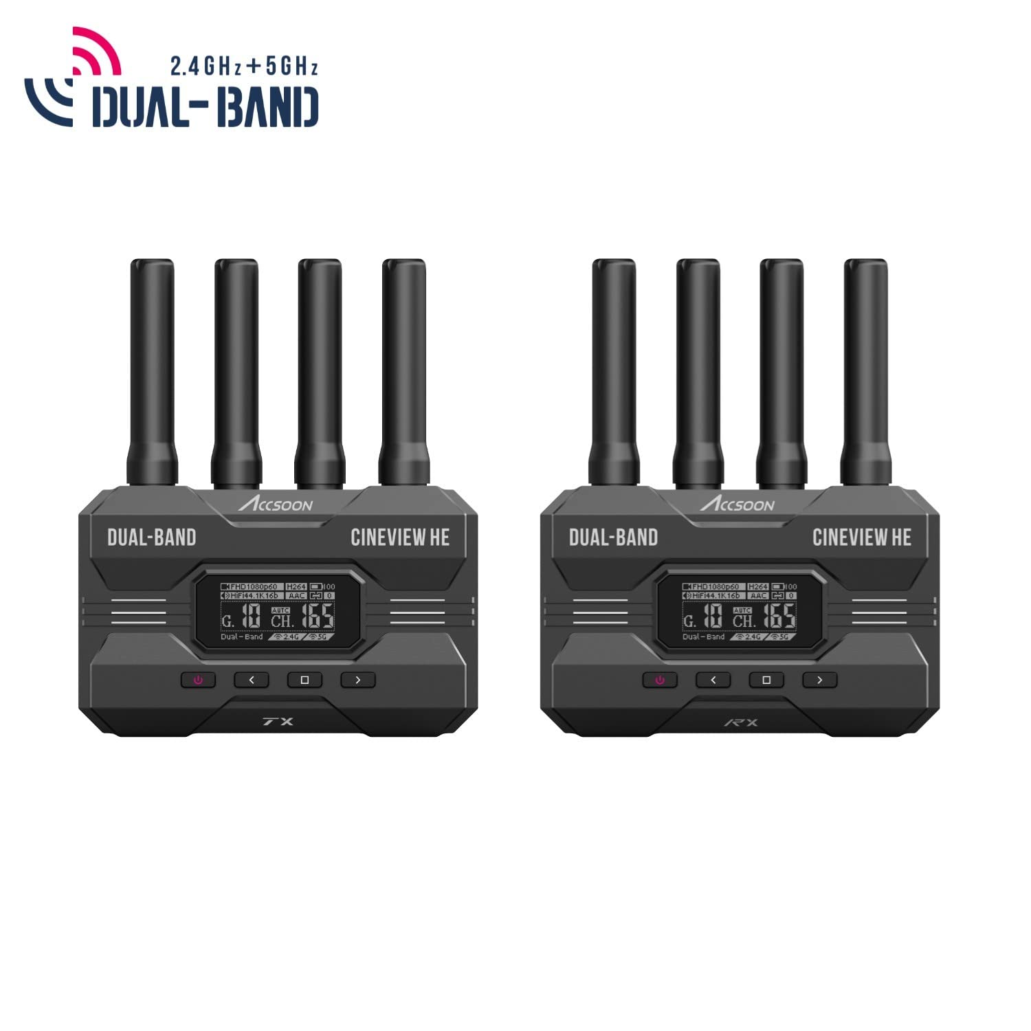 Accsoon CineView HE HDMI Wireless Video Transmitter & Receiver Kit - 2.4GHz/5GHz Dual-Band System, 0.06s Low Latency, 1200ft Range, 4-Device Monitoring for Film Production, Live Streaming & Broadcast