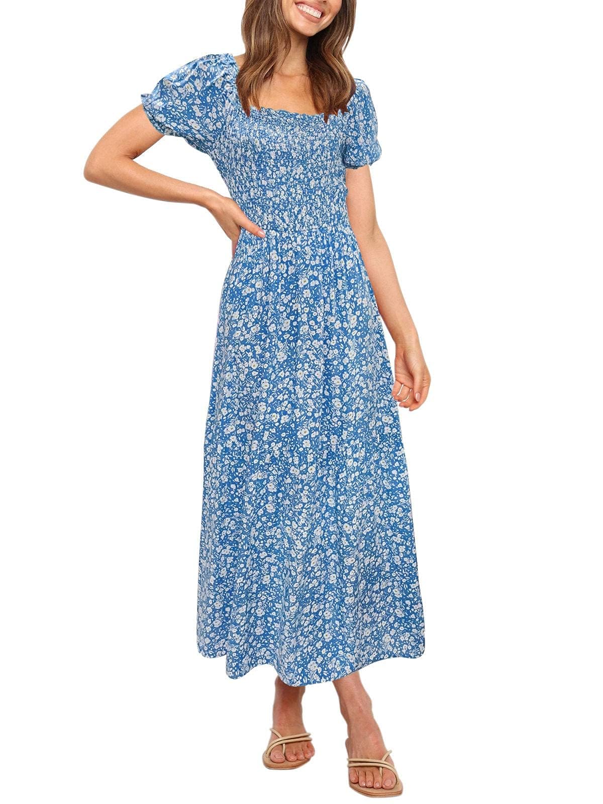 ZESICA Women's Summer 2025 Boho Floral Print Square Neck Ruffle Swing Beach Maxi Dress - Perfect for Vacations, Weddings & Boho Chic Outfits