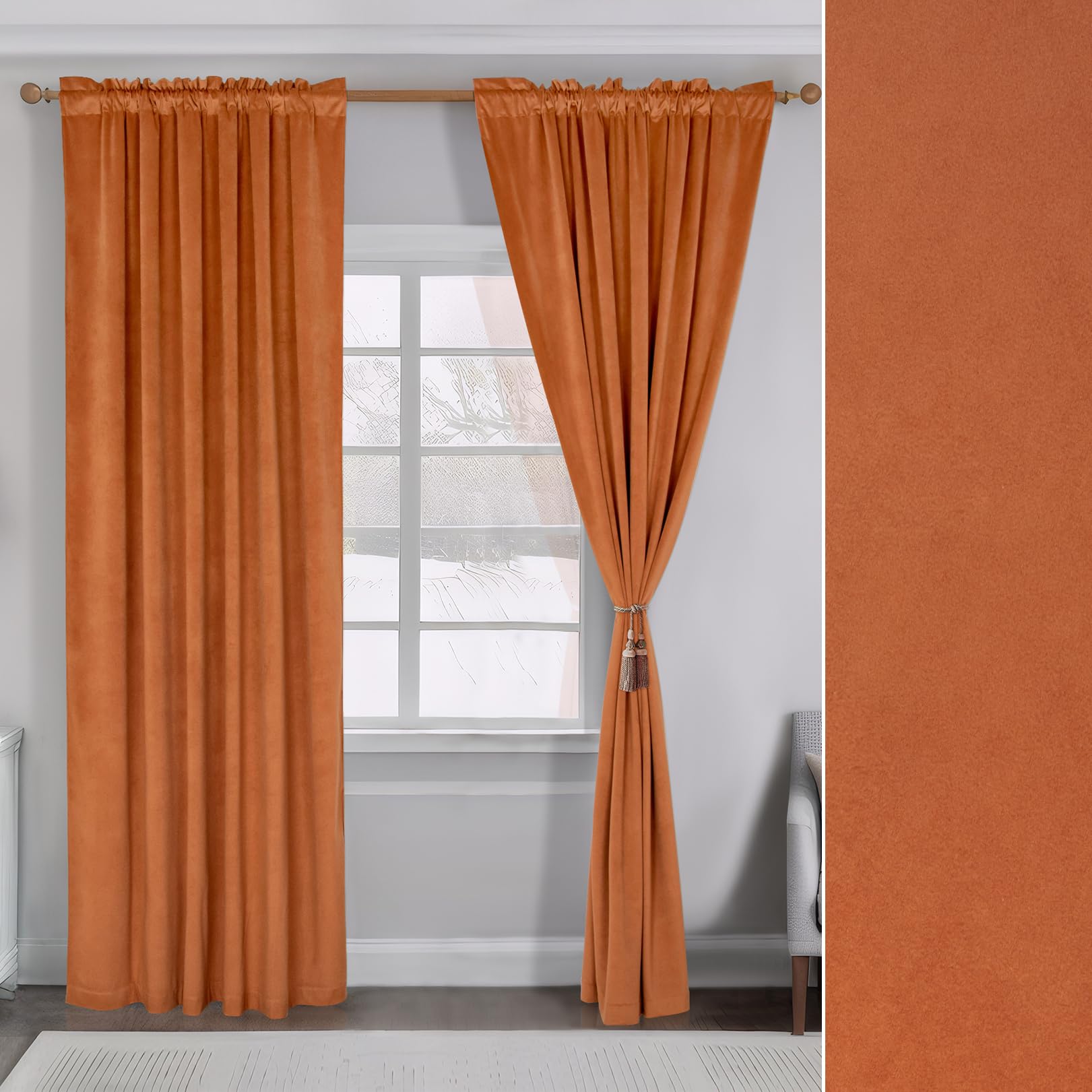 DUOBAO 96 Inch Blackout Curtains - Velvet Thermal Insulated Window Drapes for Living Room & Bedroom (2 Panels, 52x96 Inches, Burnt Orange) - Perfect for Light Blocking, Privacy & Home Decor