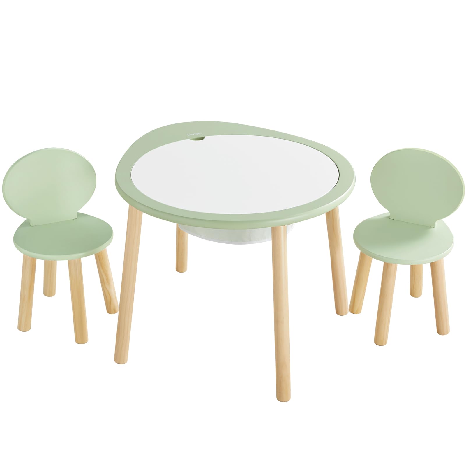 Beright Kids Wooden Table and Chairs Set - Round Play Table with 2 Chairs for Toddlers, Removable Top Panel & Storage Bag - Perfect for Bedroom, Playroom & Kids Room - Green | Ideal for Arts & Crafts, Snack Time & Learning Activities