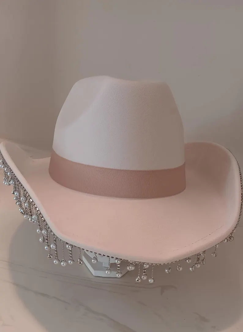 Pearl Rhinestone Fringe Trim Western Ivory Cowboy Hat for Women - Vintage Style Cowgirl Hat with Sparkly Beaded Fringe for Country Music Festivals, Rodeo Parties & Western Costume Accessories