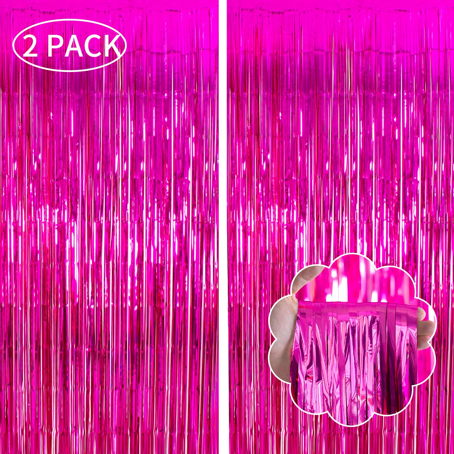 Hot Pink Tinsel Curtains Backdrop - 2 Pack 3.3x8.2FT Fringe Party Decorations for Birthday, Photo Booth, Baby Shower & Bridal Shower - Glamorous Pink Streamers for Women's & Girls' Party Decor