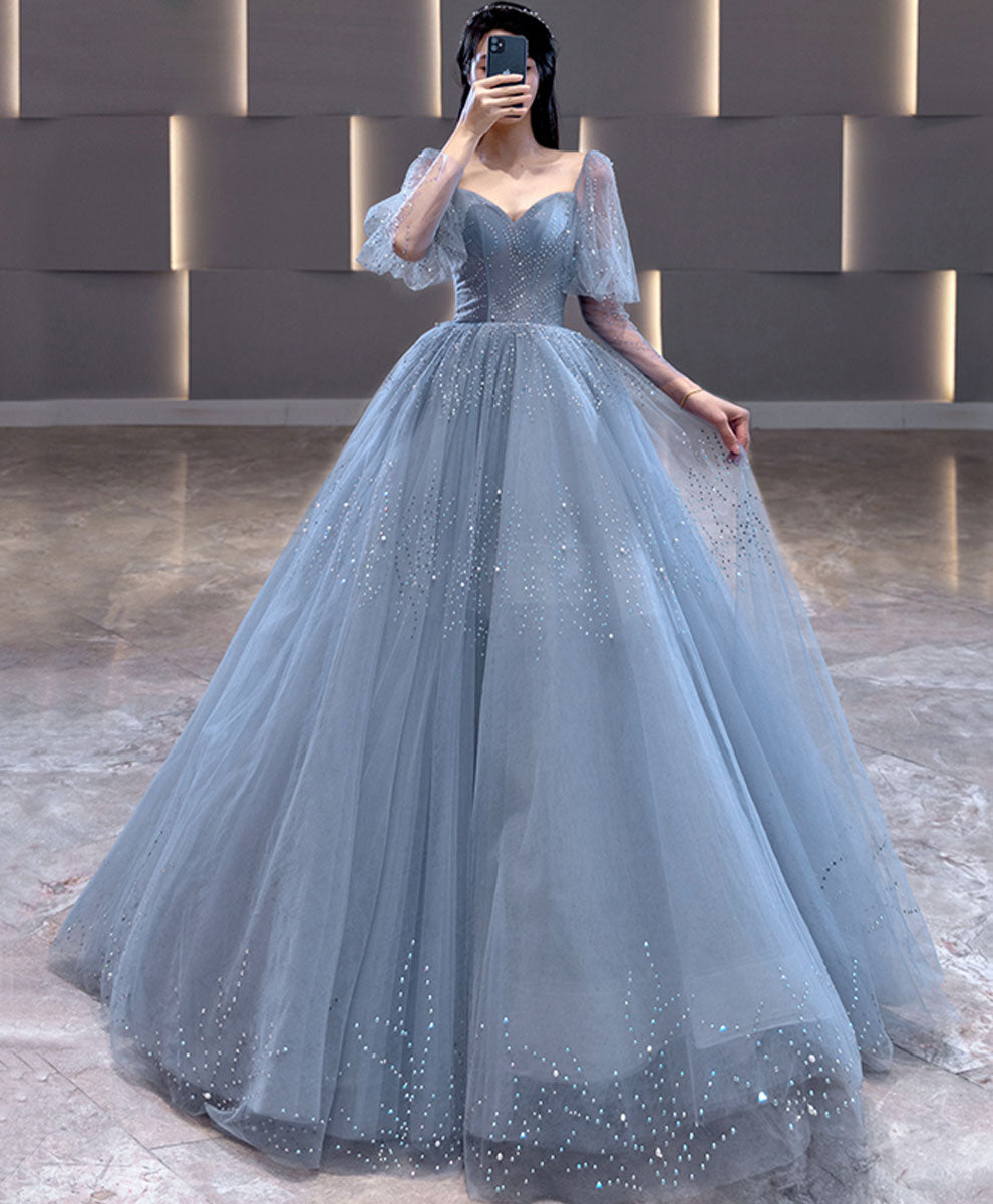 Elegant V-Neck Tulle Sequin Blue Long Prom Dress for Women - Formal Graduation Gown for Homecoming, Pageant & Evening Events