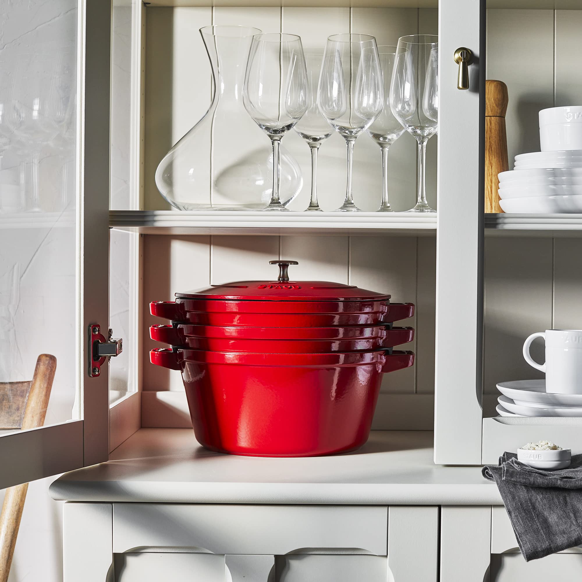 STAUB 4-Piece Cast Iron Cookware Set - Stackable Dutch Oven, Skillet & Grill Pan with Universal Lid - Premium French-Made Cherry Red Cookware for Baking, Roasting & Grilling - Perfect for Home Kitchens & Outdoor Cooking