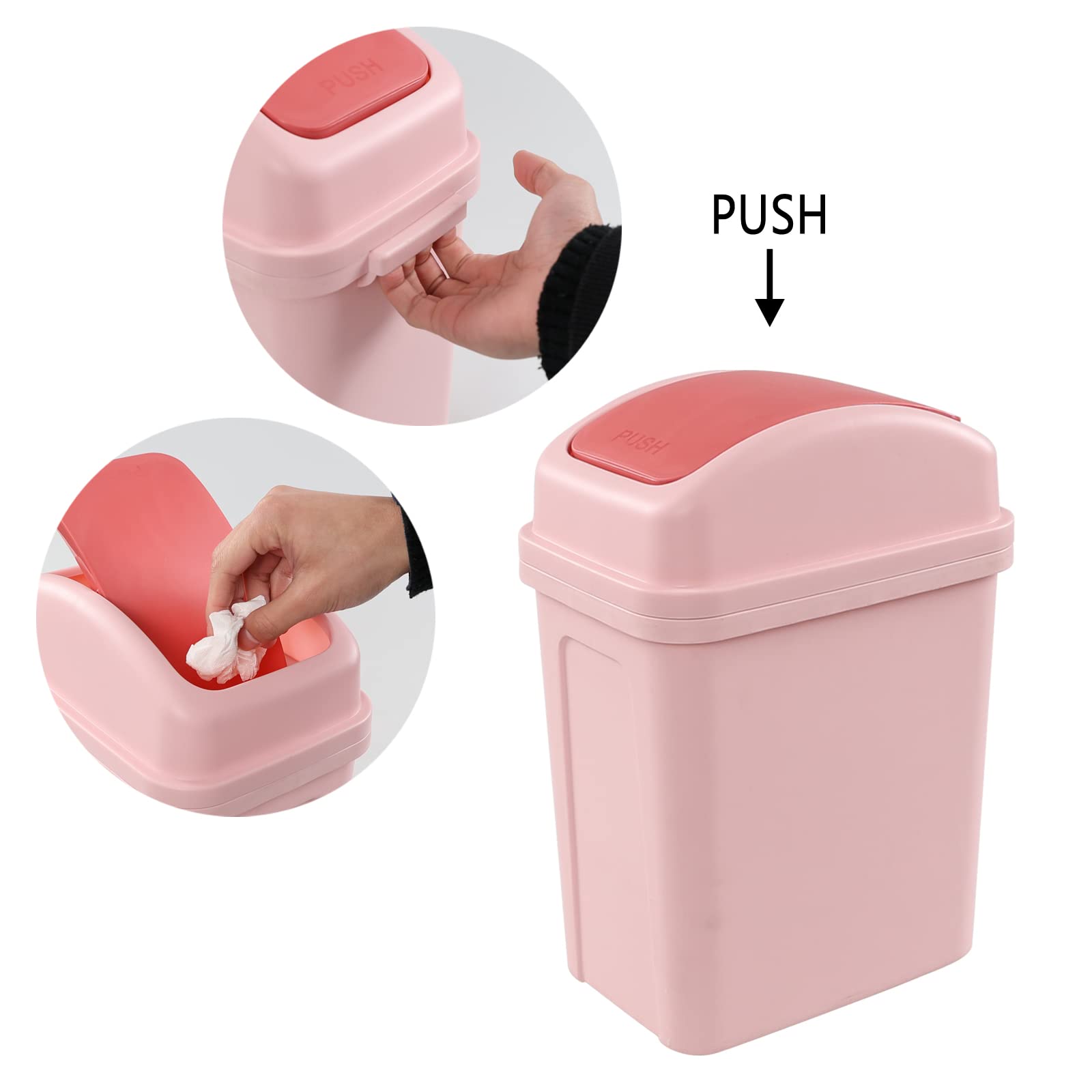 1.8 Gallon Small Garbage Can with Swing Lid - Plastic Swing-Top Trash Bin in Pink for Bathroom, Bedroom, Office & Kitchen Waste Disposal