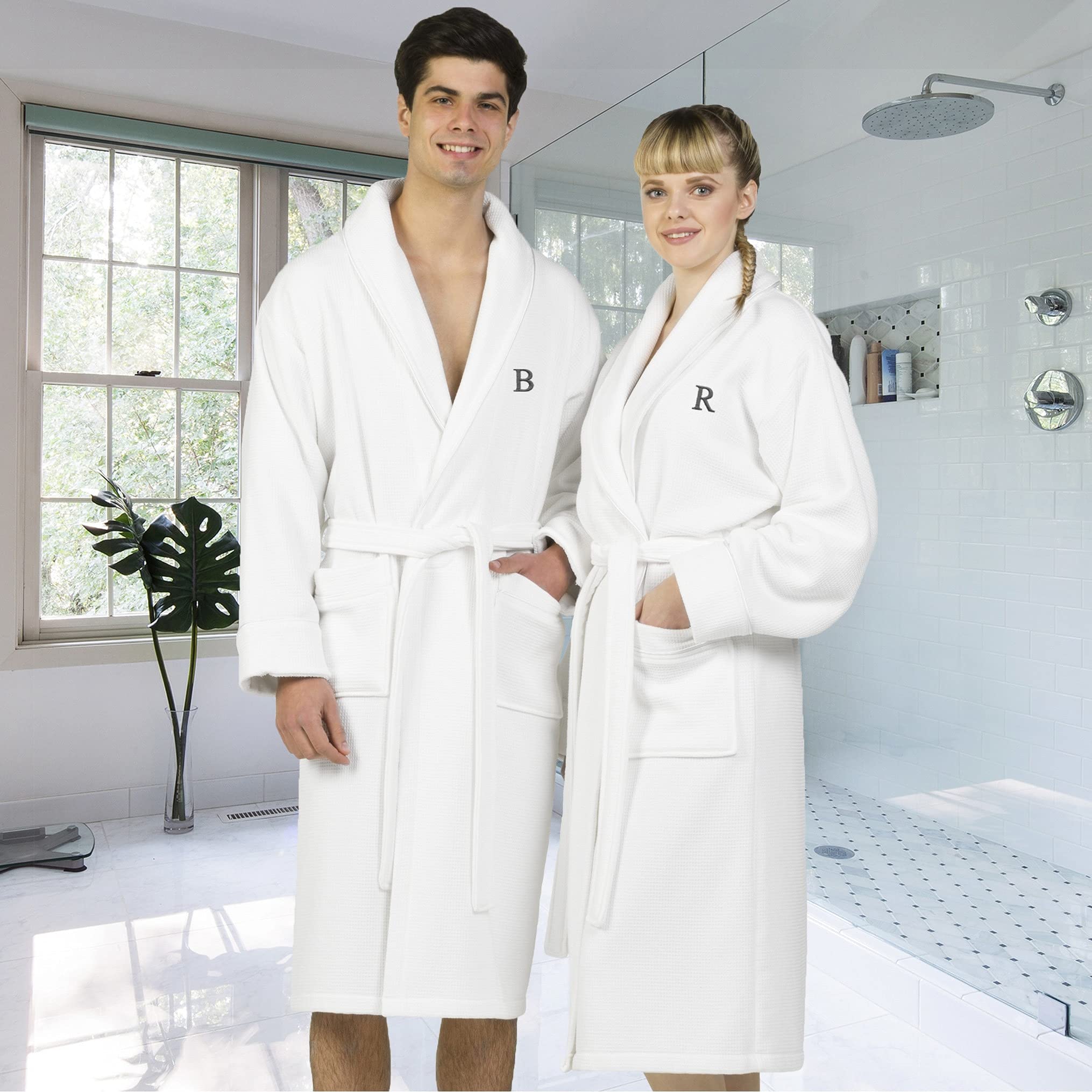 Premium White Unisex Turkish Cotton Waffle Weave Terry Bathrobe with Grey Block Monogram - Soft & Absorbent L/XL Size - Perfect for Spa, Hotel & Home Relaxation