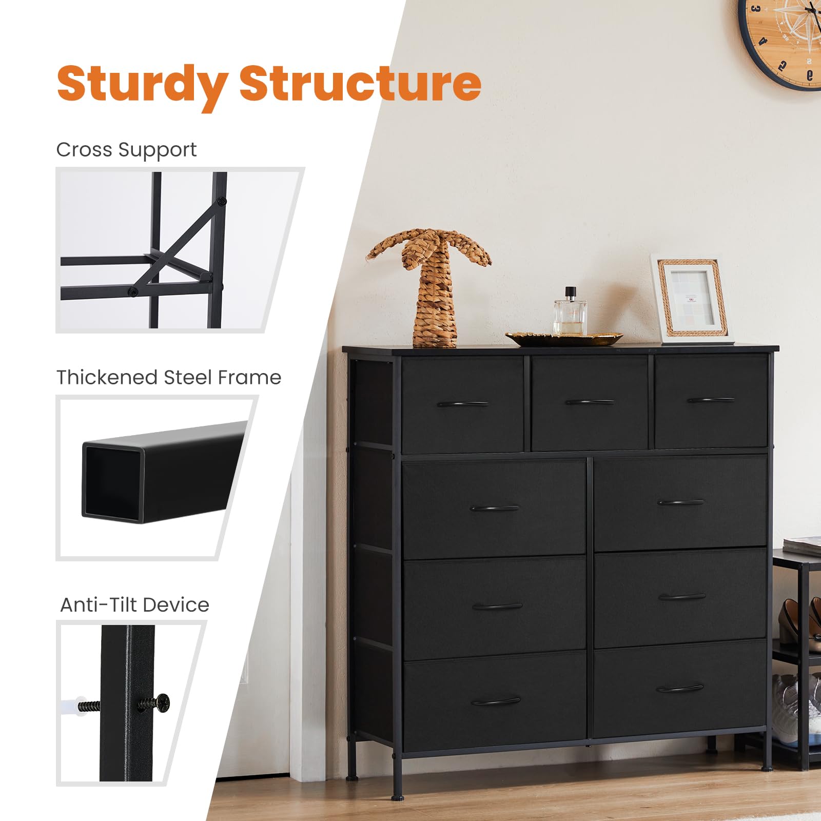 Sweetcrispy 9-Drawer Fabric Dresser for Bedroom - Tall Clothing Storage Organizer with Cabinet, Metal Frame & Wooden Top - Lightweight Nursery Furniture in Black - Perfect for Closet, Kids Room & Small Space Organization
