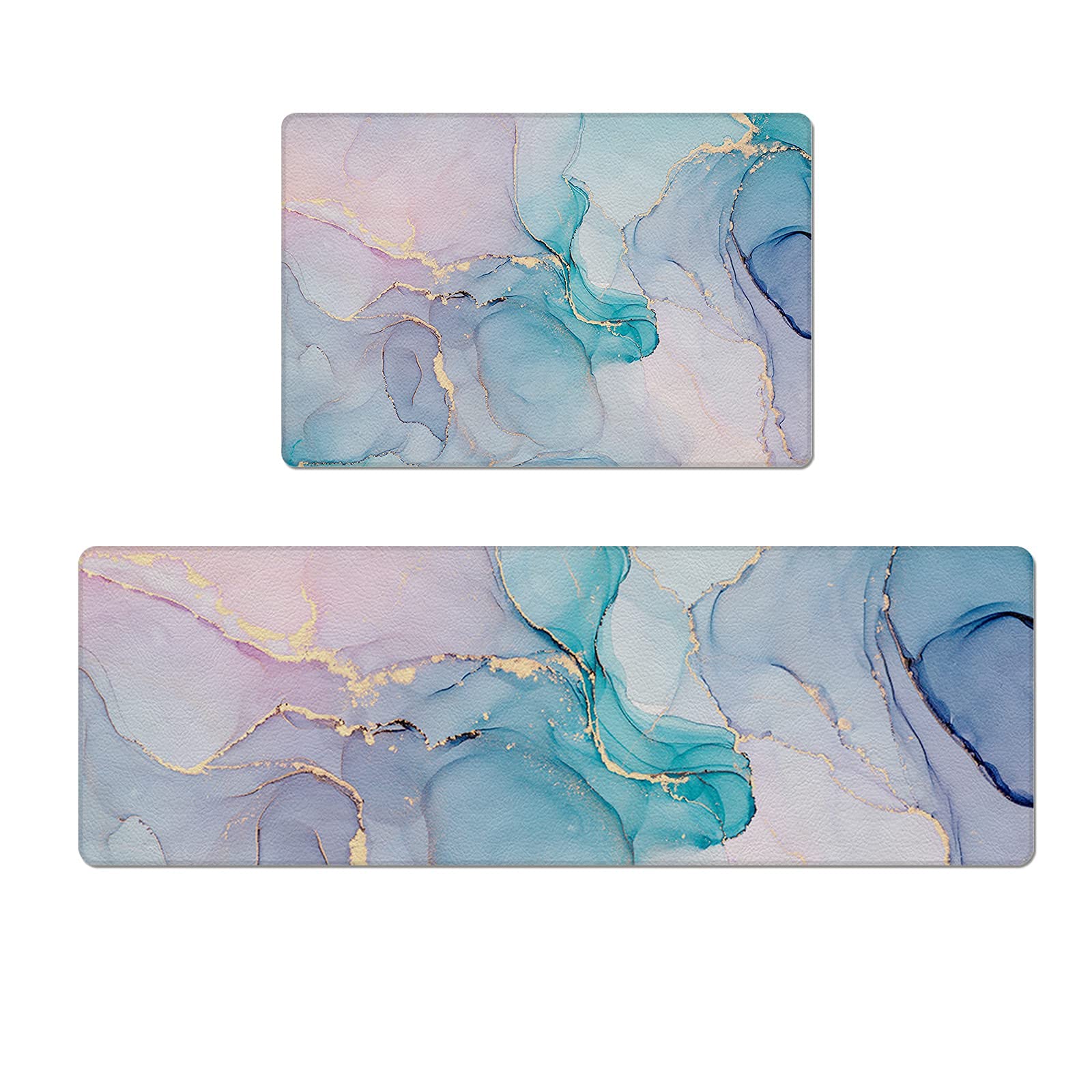 Premium Anti-Fatigue Kitchen Floor Mats Set of 2 - Absorbent Washable Doormats for Home & Entryway, Teal Blue & Pink Marble Texture (17.7