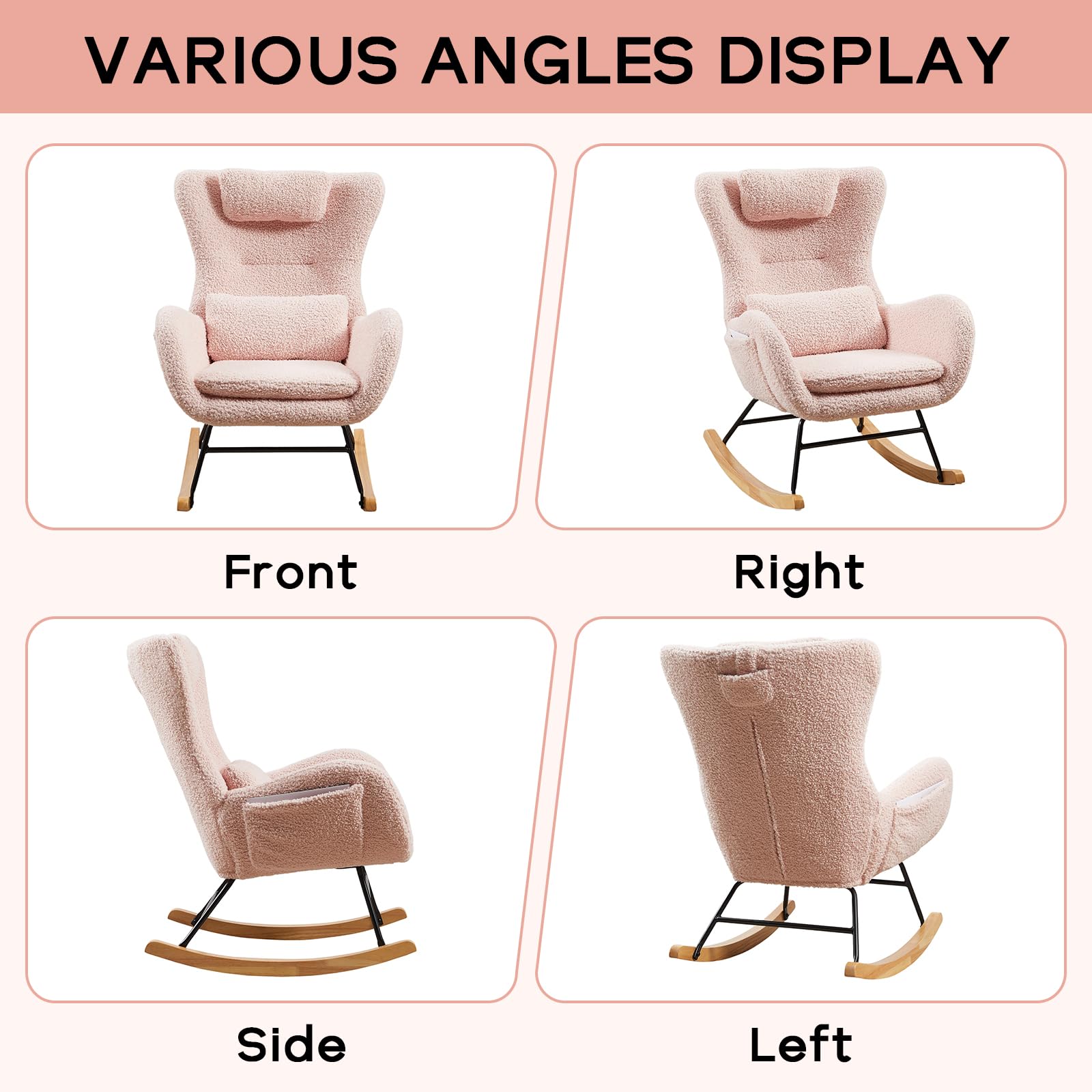 NIOIIKIT Nursery Rocking Chair - Soft Teddy Upholstered Glider Rocker with Adjustable Headrest & Lumbar Support Pillow, High Back Accent Chair with Side Pocket - Comfortable Armchair for Living Room, Nursery, Bedroom (Pink) | Perfect for Breastfeeding, Reading & Relaxing