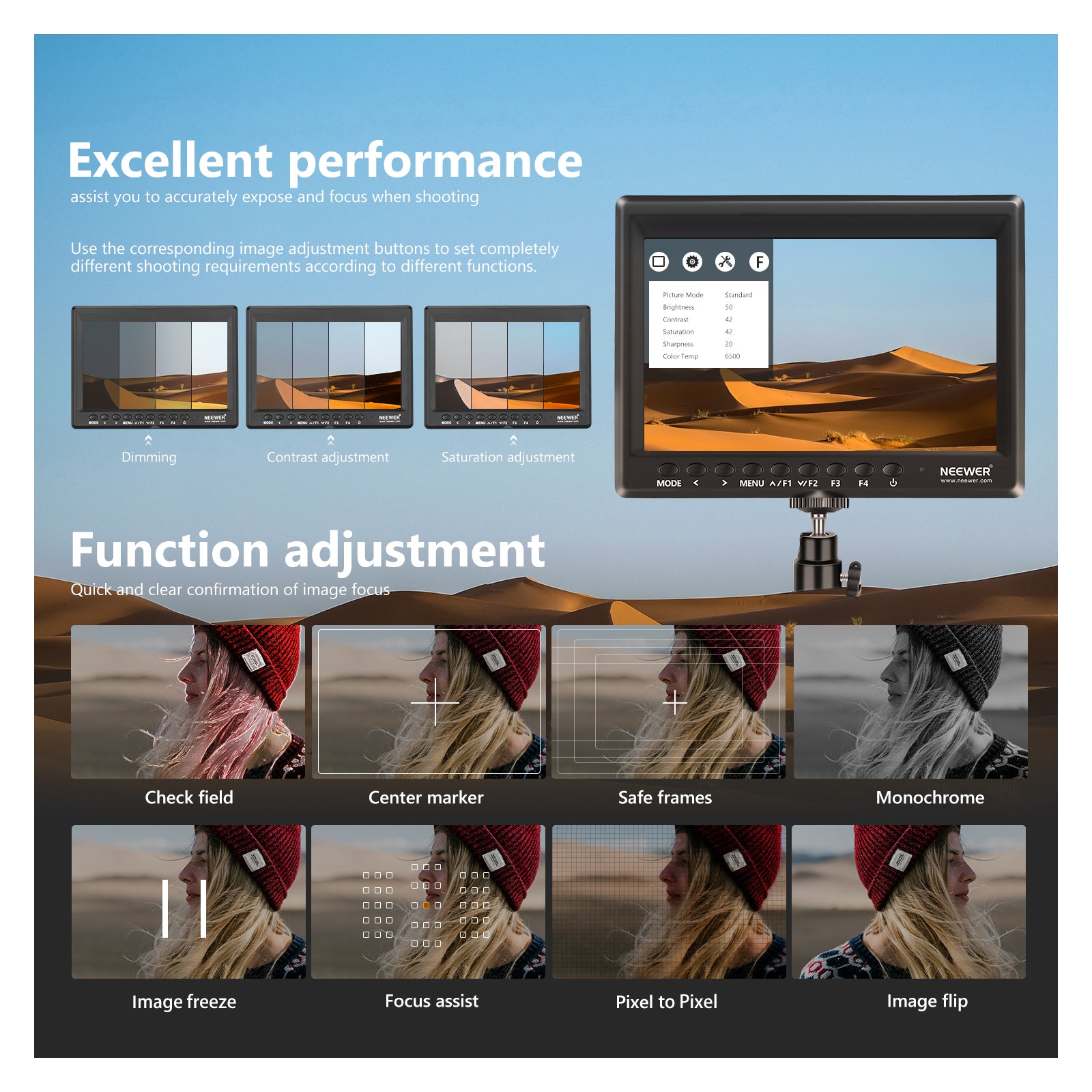 NEEWER F100 7 Inch HD Camera Field Monitor with Sunshade - Professional DSLR Video Monitor for Filmmaking, Photography & Vlogging - Ideal for Outdoor Shooting & Studio Production
