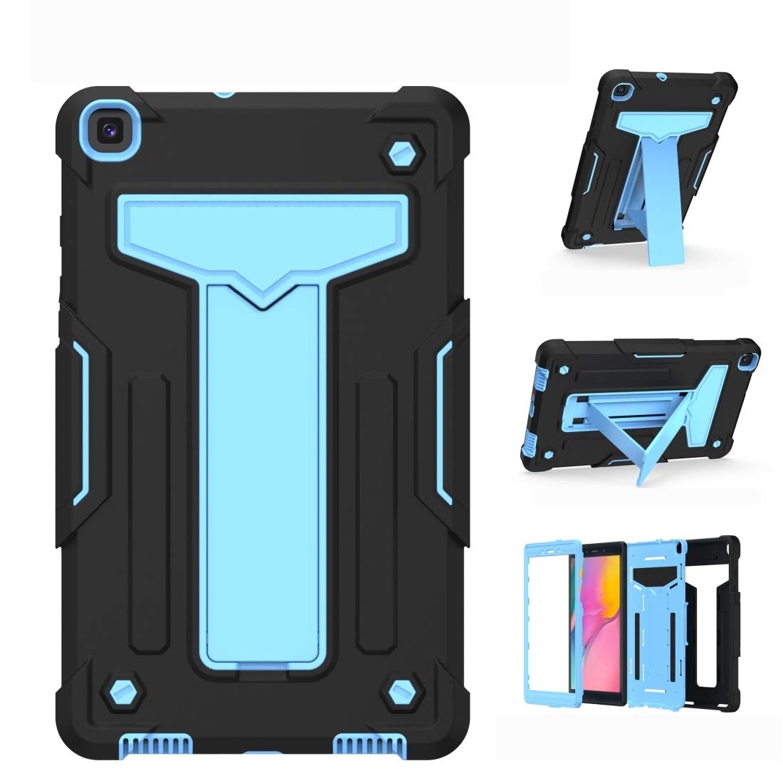 Shockproof PC + Silicone Protective Case for Samsung Galaxy Tab A8.0 (2019) T290 - Durable T-Shaped Bracket Design, Contrast Black & Blue Colors | Perfect for Travel, School & Everyday Protection