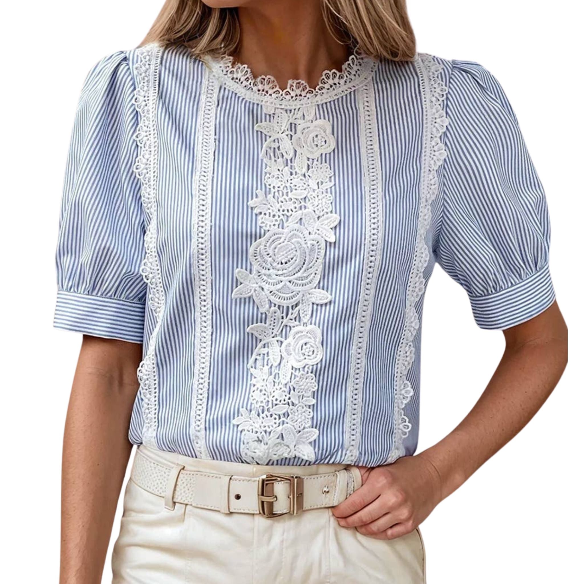 Elegant Stripe Floral Lace Puff Sleeve Blouse for Women - Vintage Romantic Top for Date Night, Office Wear & Spring Outfits