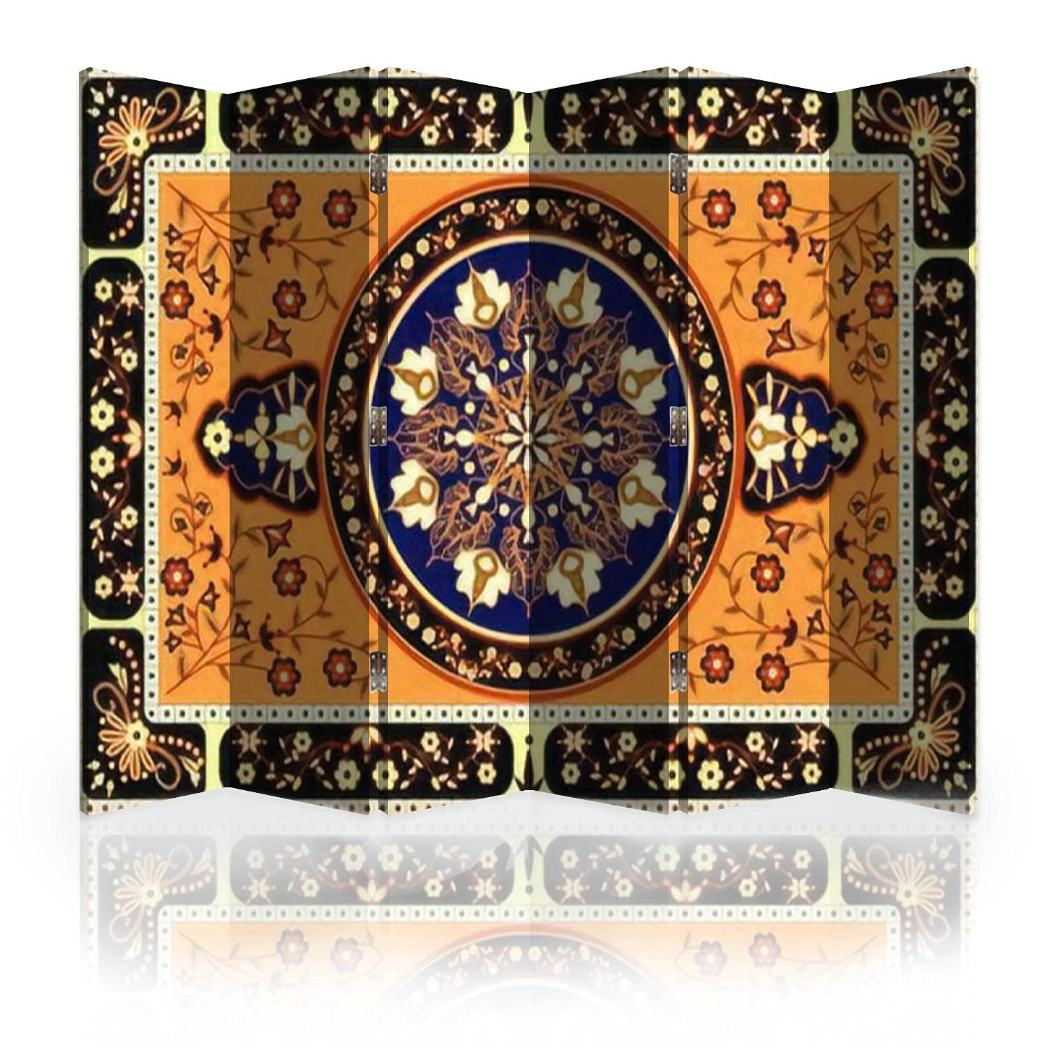 6-Panel Orange Oriental Carpet Canvas Room Divider Screen - Folding Privacy Partition & Wall Separator for Bedroom, Office, and Living Room Spaces | Home Decor & Space Organizer