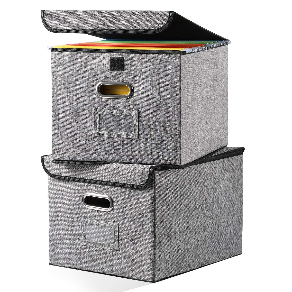 Collapsible File Organizer Box [2-Pack] - Decorative Linen Hanging File Organizer with Handles for Office & Home - Letter & Legal Size Folders - Cabinet Storage Bin with Label Window (Gray) - Perfect for Desk Organization, Document Storage & Office Supplies Management