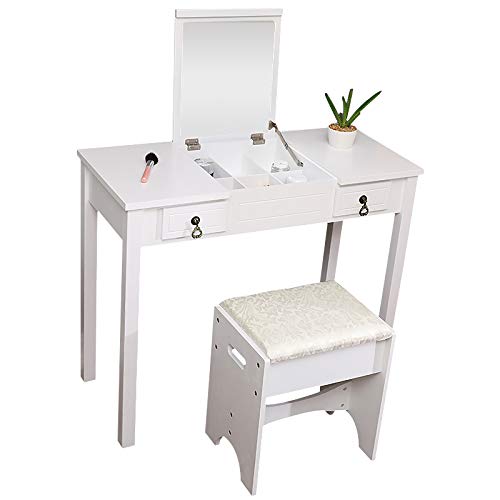 Vintage White Makeup Vanity Table Set with Mirror, Storage Drawers & Cushioned Stool - Large Dressing Desk for Women & Girls | Perfect for Bedroom, Dorm Room & Beauty Salon Organization