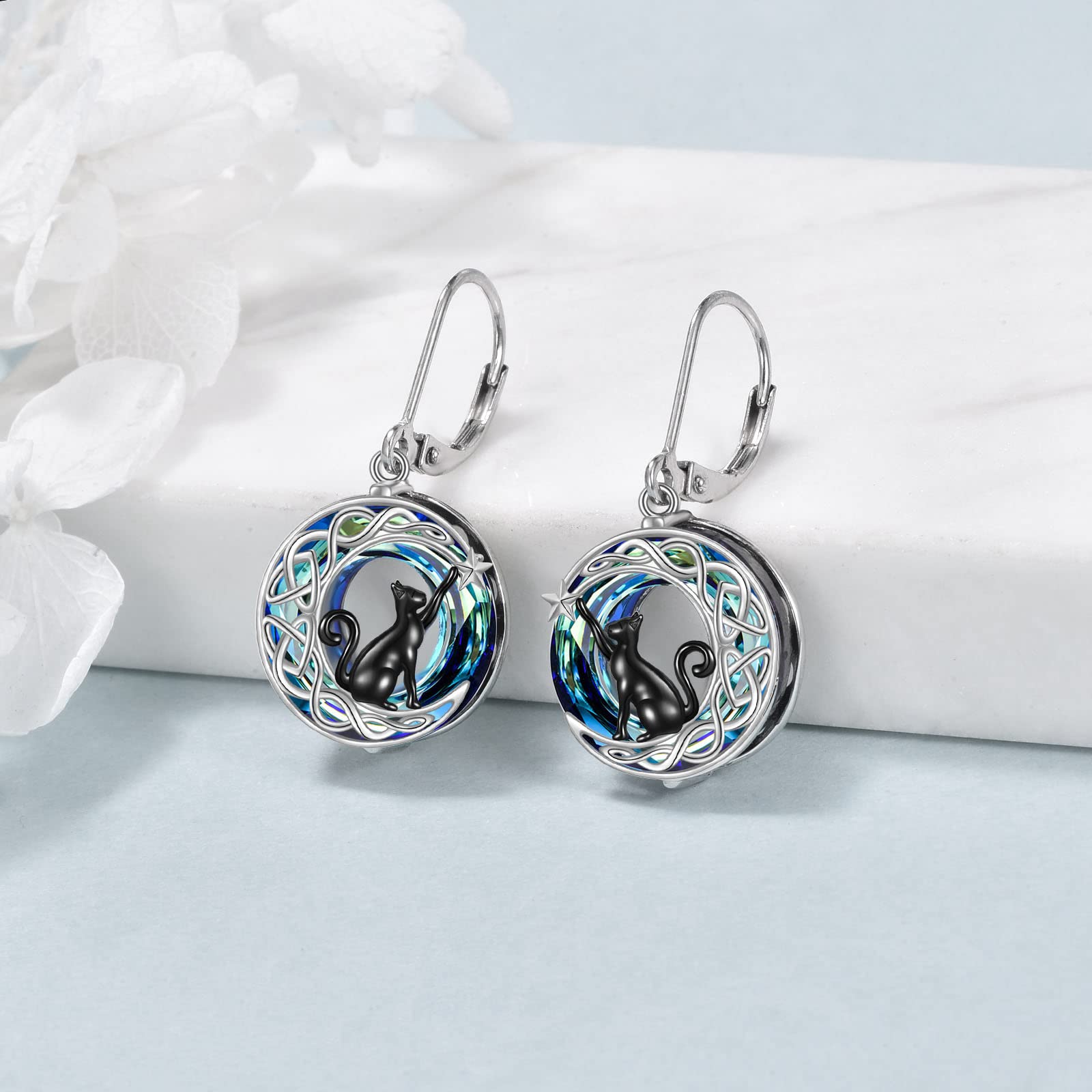VONALA 925 Sterling Silver Celtic Moon Cat Leverback Earrings with Crystals - Elegant Jewelry Gift for Women & Girls | Perfect for Birthday, Anniversary & Everyday Wear