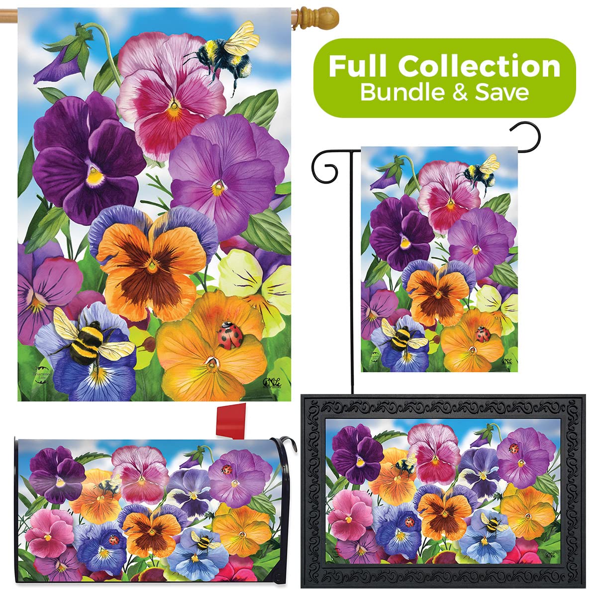 Briarwood Lane Spring Home Decor Bundle - Garden Flags, House Flags, Mailbox Covers & Doormats - Vibrant Spring Pansies Design for Porch, Yard & Front Door Decoration