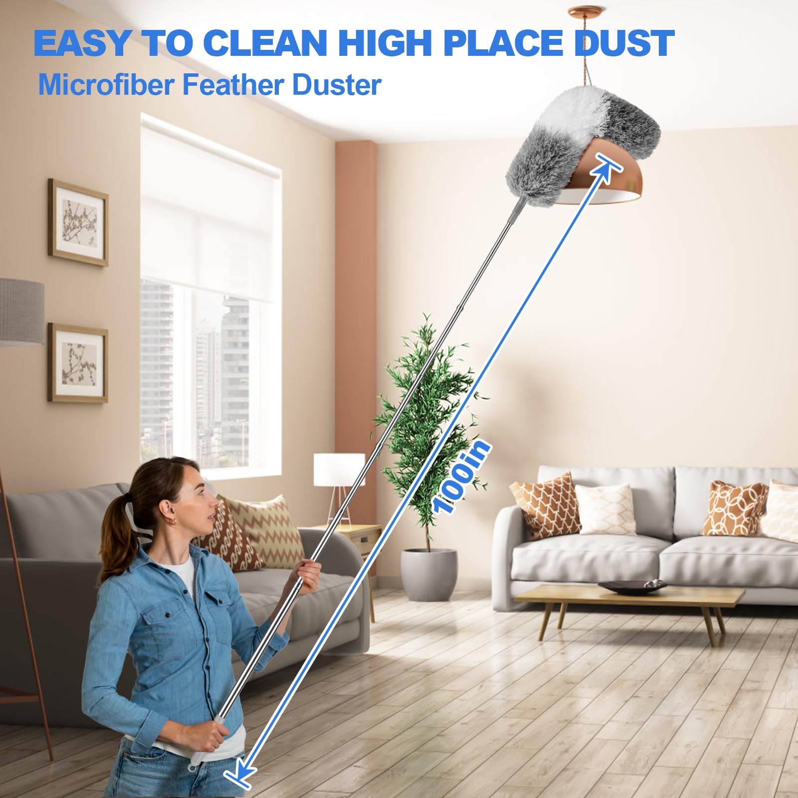 Premium Feather Duster with Extendable Pole - Ceiling Fan, Blinds & Hard-to-Reach Areas Cleaner - Long Handle Dusting Tool for Home, Office & High Ceiling Cleaning