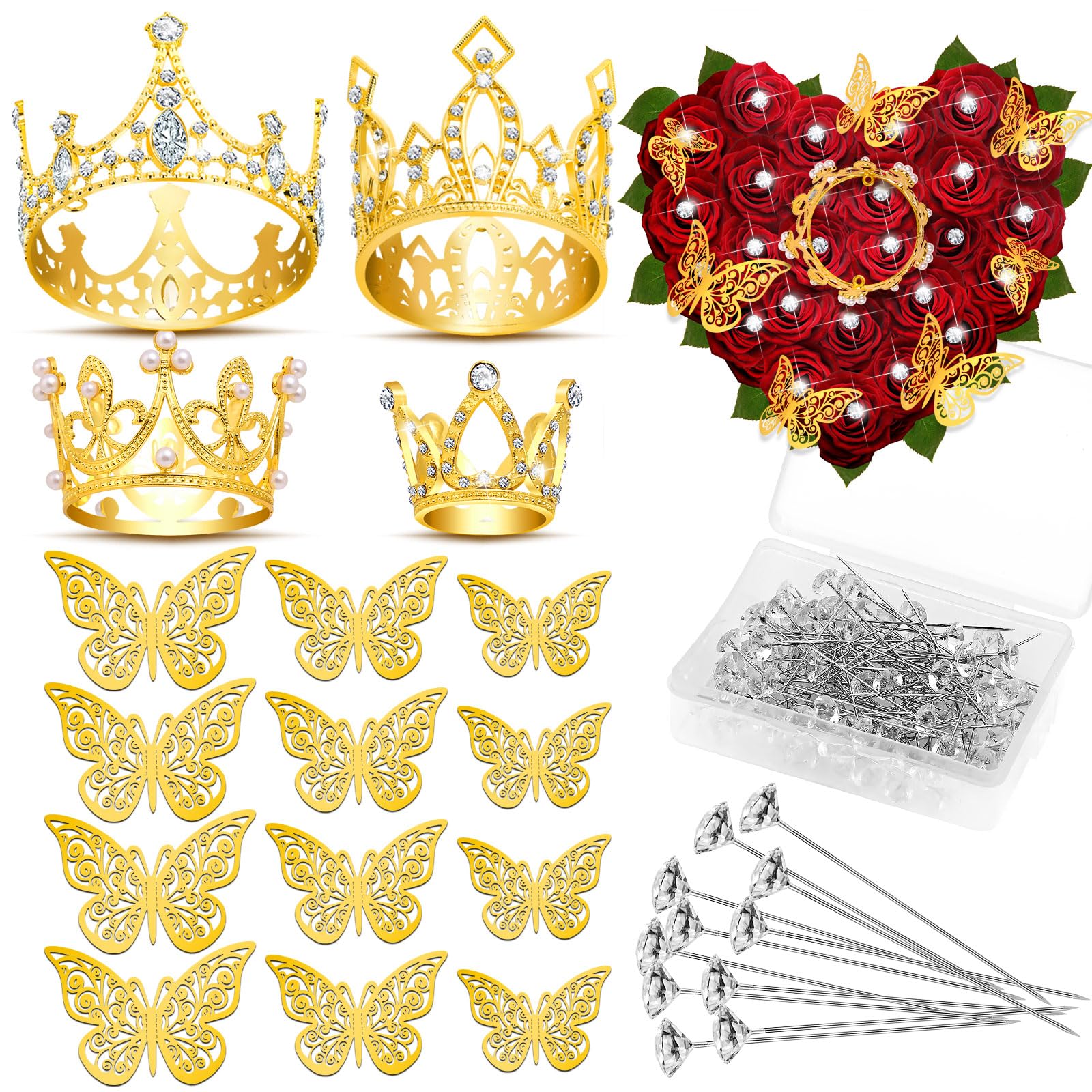 Premium Gold Bouquet Crowns Set - 4PCS Floral Crowns, 12PCS Butterfly Decorations & 50PCS Flower Pins for Wedding Bouquets, Birthday Arrangements, Baby Shower Flowers - Elegant Floral Accessories for Special Occasions