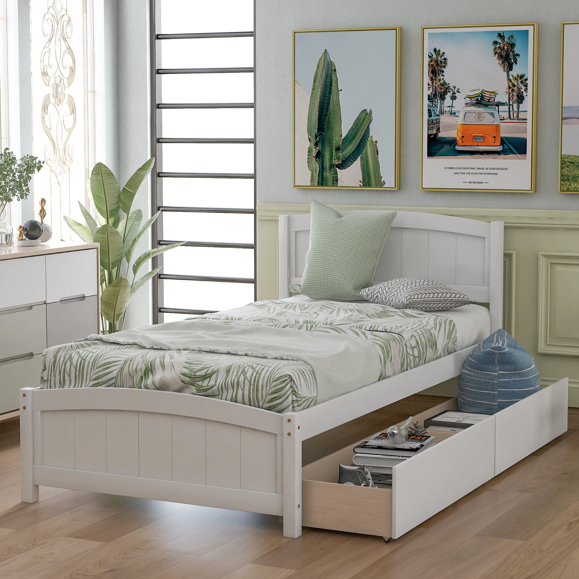 Harper & Bright Designs Twin Size Storage Bed Frame with Wood Platform & Drawers - Kids Bed with Headboard for Girls & Boys (White) - Perfect for Small Bedrooms, Dorm Rooms & Space-Saving Kids' Rooms