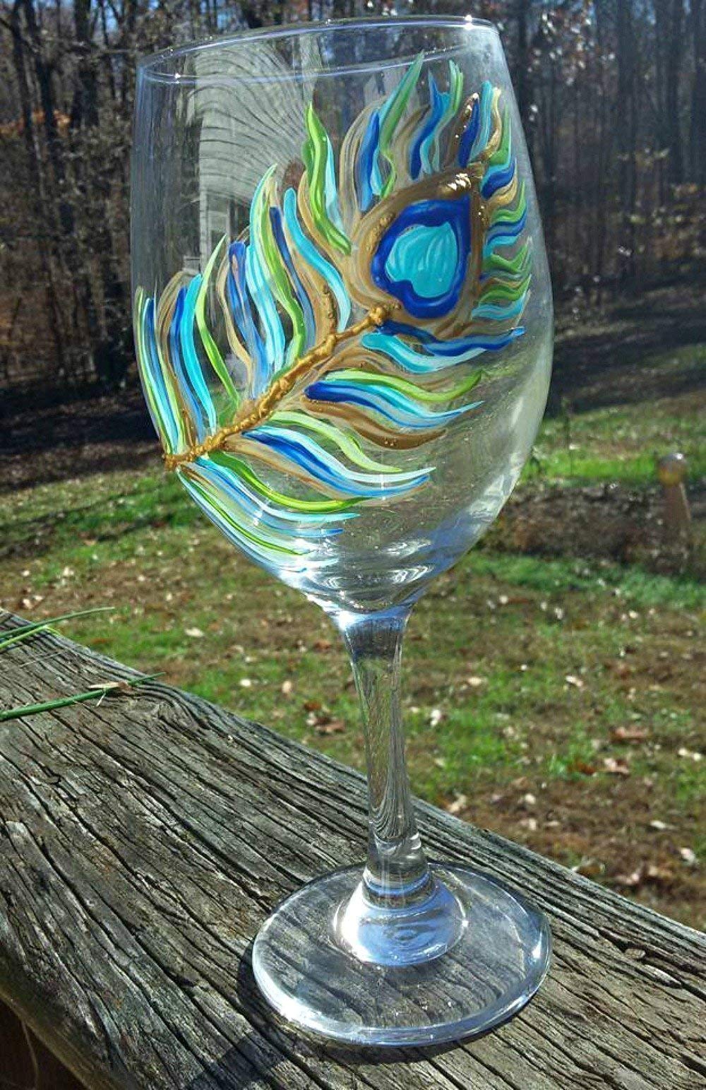 Hand-Painted Peacock Feather Wine Glasses Set of 2 - Elegant Stemware for Dinner Parties, Weddings & Home Decor