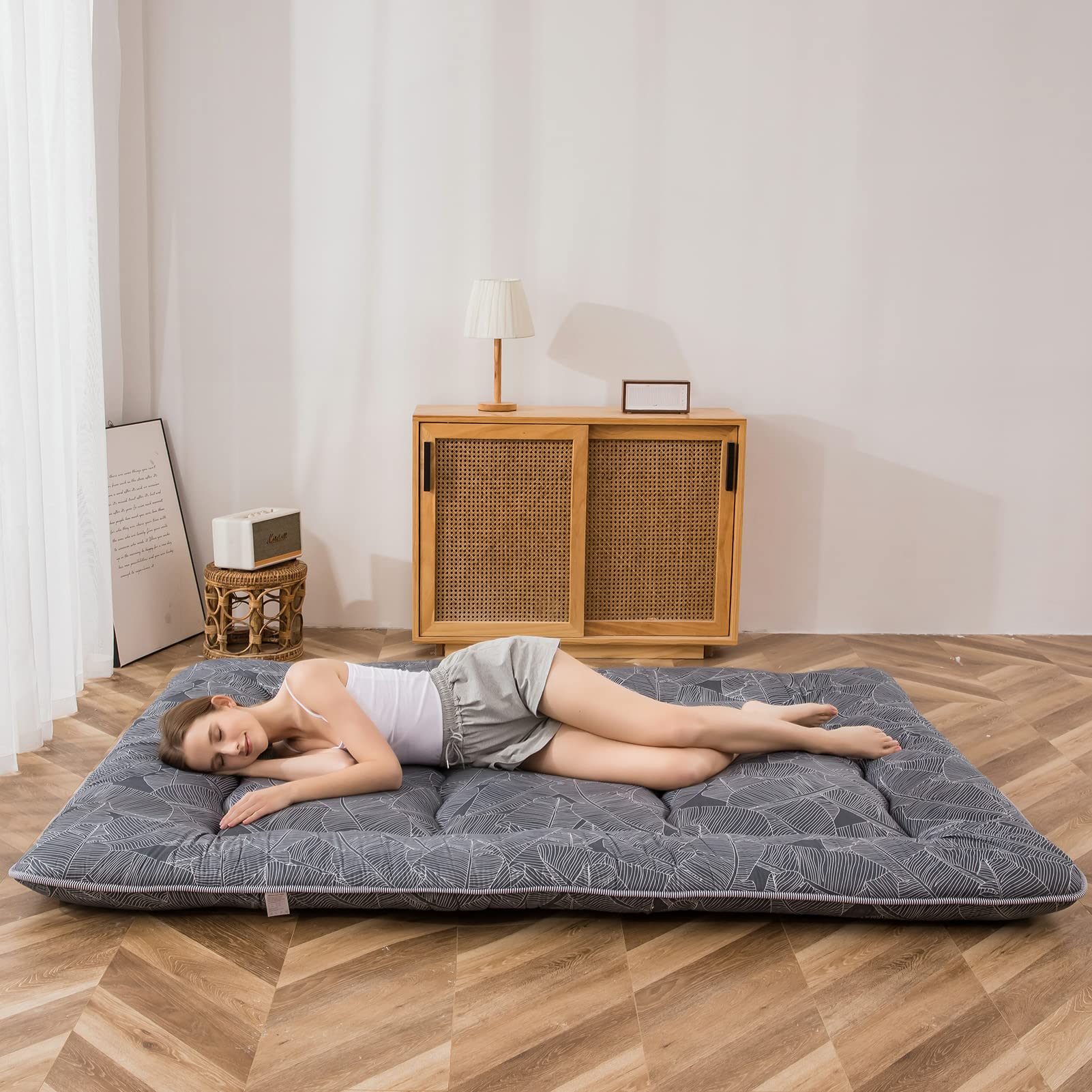 Japanese Thick Soft Floor Futon Mattress - Roll Up Sleeping Pad for Guest Room, Camping & Lounging - Twin Size Black Leaf Design - Comfortable for Home, Travel & Outdoor Use
