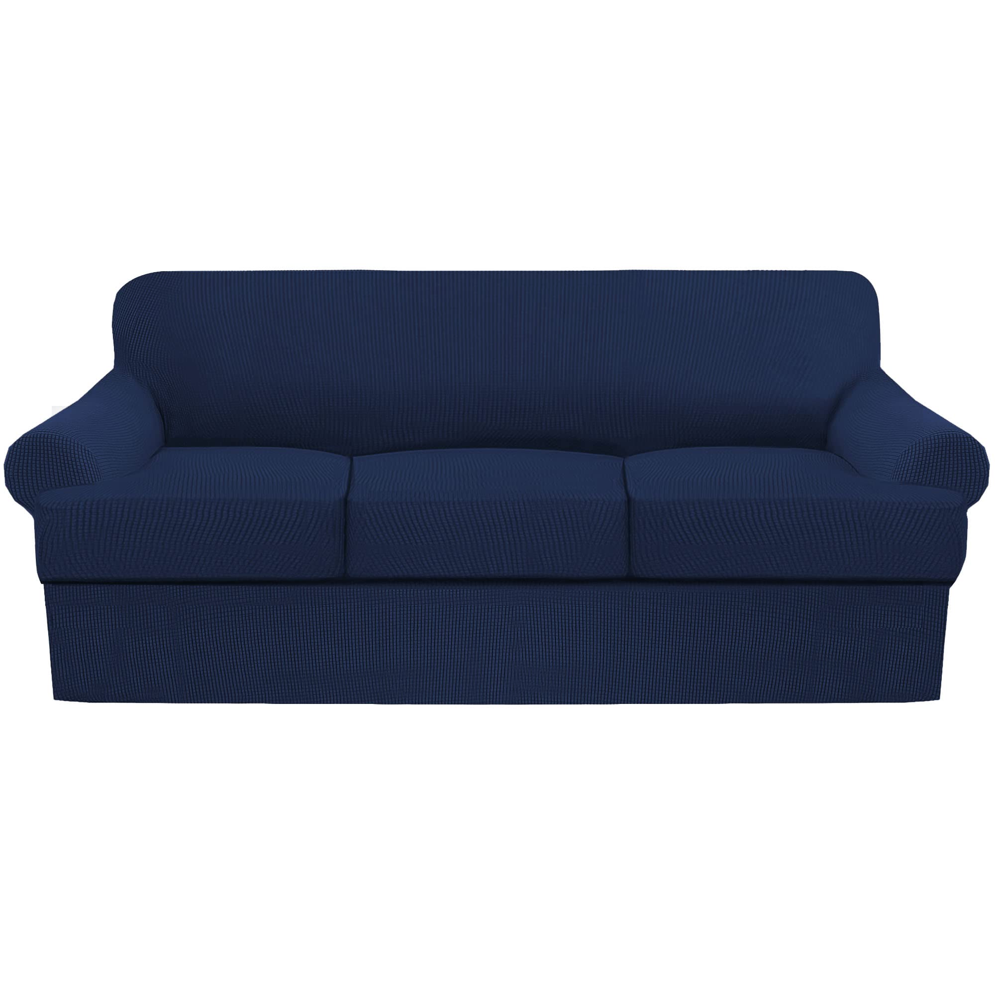4-Piece T-Cushion Sofa Slipcovers - Thick Stretchable Couch Cover Furniture Protector for 3-Cushion Sofa with Washable Removable Covers - Navy Blue - Perfect for Living Room, Family Room & Home Decor Protection