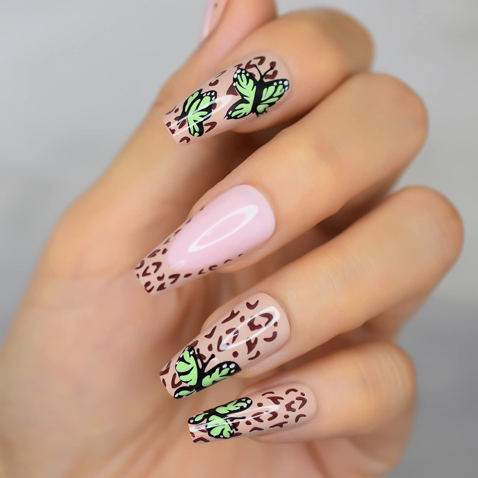 Long Ballerina Press On Nails - Coffin Butterfly & Leopard Design False Nails Set | Acrylic Nail Tips for European & American Style | Perfect for Parties, Weddings & Special Occasions