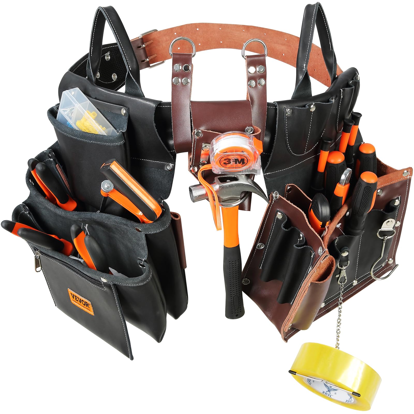 VEVOR Leather Tool Belt for Carpenters, Construction Workers & Electricians - Heavy Duty Framing Tool Bags with Pouch (Black/Brown) | Perfect for Woodworking, Home Renovation & DIY Projects