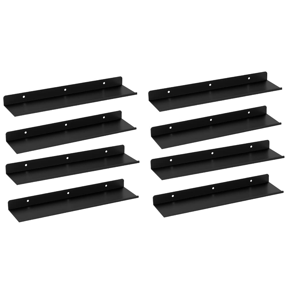 Metal Floating Shelves Wall Mounted - Set of 8, Stainless Steel Hanging Shelves for Living Room & Kitchen Storage, Matte Black - Perfect for Displaying Decor, Books, and Organizing Small Items