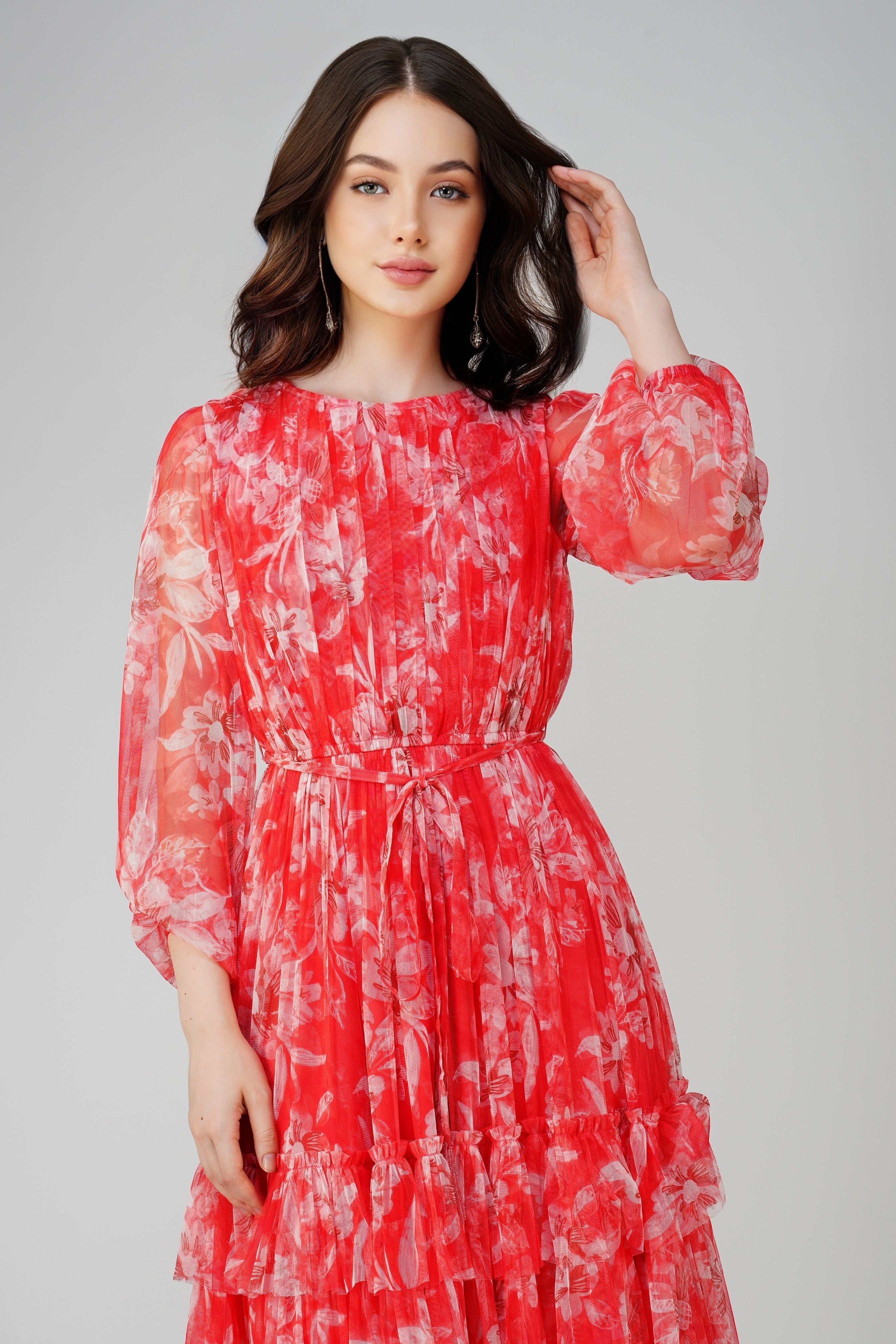 Rebecca Red Floral Print Midi Dress for Women | Elegant Casual & Party Wear | Perfect for Dates, Office, and Special Occasions
