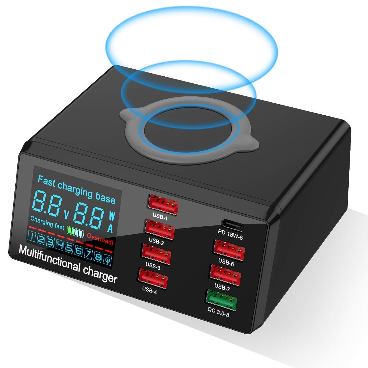 8-Port 100W Fast Charging Station - 7 USB + 1 QC3.0 for Apple & Android Phones - Home & Office Use