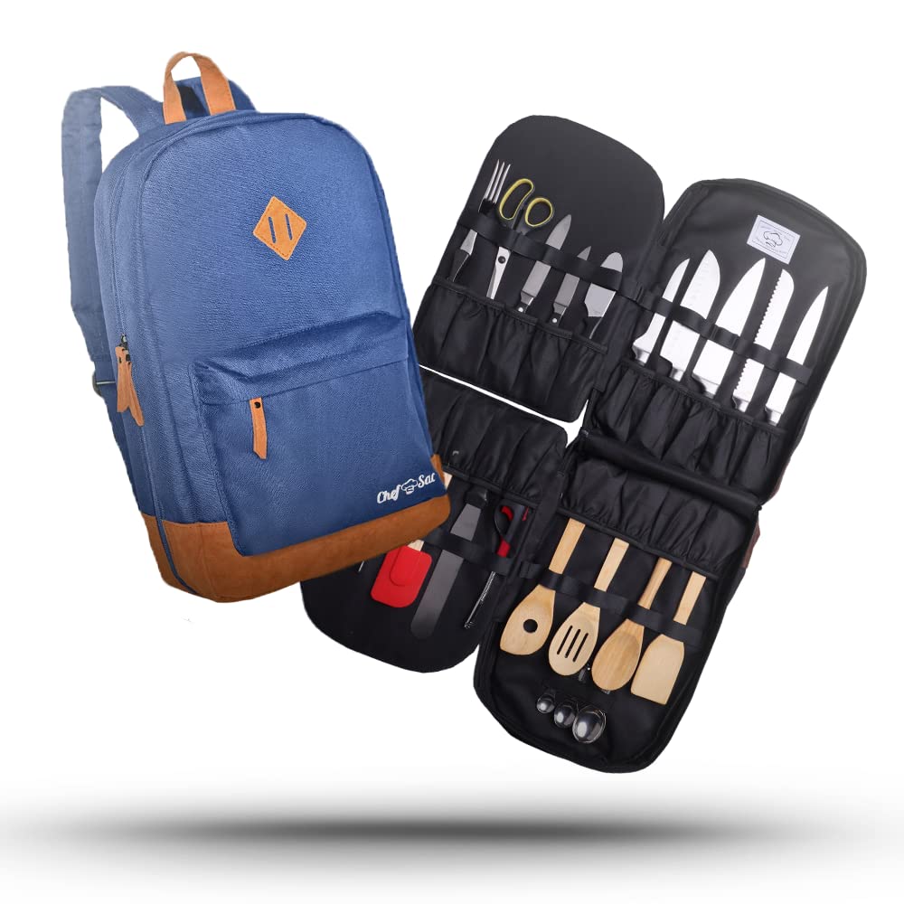 Premium Leather Chef Knife Bag with 30+ Pockets - Professional Knives & Tools Organizer for Kitchen, BBQ, Camping & Culinary School (Blue)