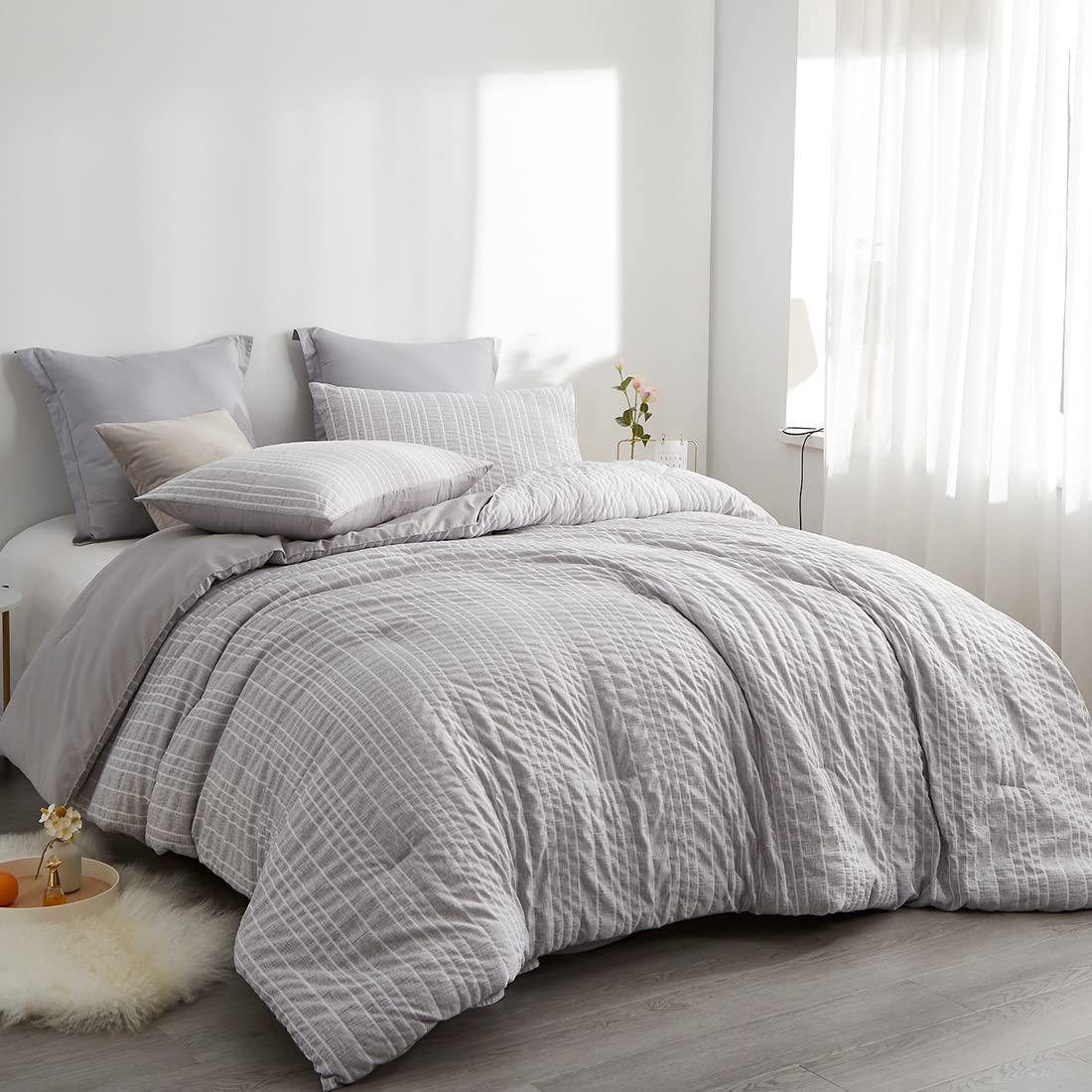 Anyfun Grey Twin Size Comforter Set - Soft Microfiber Striped Seersucker Bedding with 1 Washable Comforter & 1 Pillowcase - Boho Chic Bedroom Decor for Teens & Adults