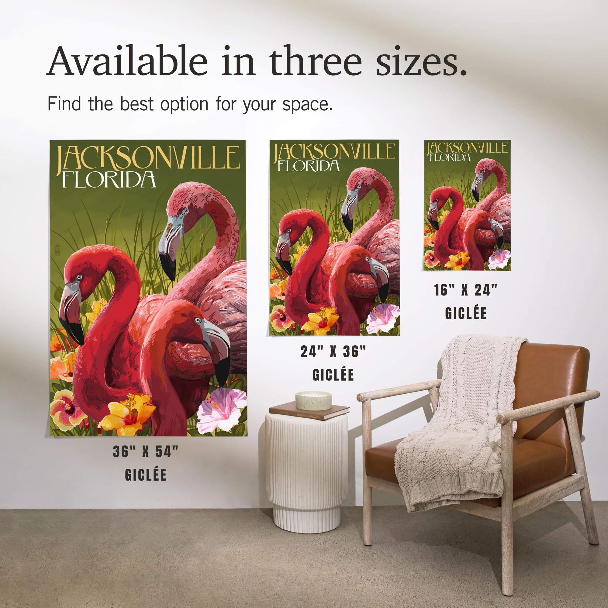 Lantern Press 16x24 Inch Giclee Art Print - Jacksonville Florida Flamingos Wall Decor - Perfect for Living Room, Bedroom & Office
