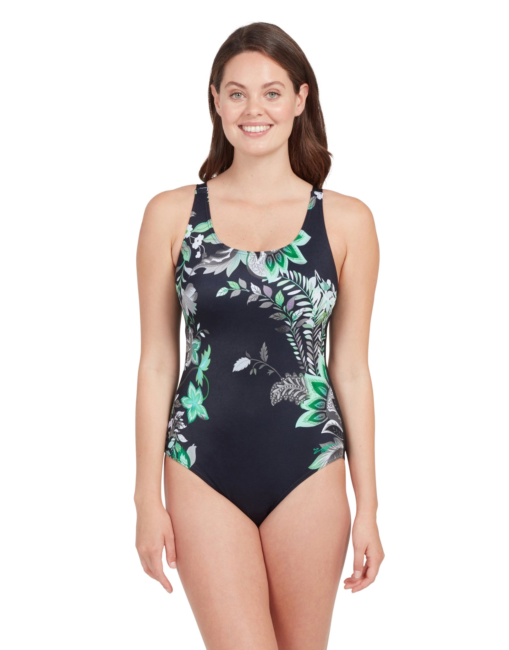 Botanica Adjustable Scoopback Swimsuit for Women - Black & Green Two-Tone Bathing Suit - Perfect for Beach Vacations, Pool Parties & Summer Getaways