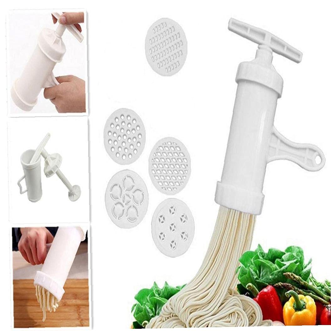 Manual Noodle Maker Pasta Press Machine with 5 Stainless Steel Molds - Spaghetti, Fettuccine & More - Hand Crank Pasta Cutter for Homemade Italian Pasta - Perfect Kitchen Tool for Italian Cuisine & Family Cooking