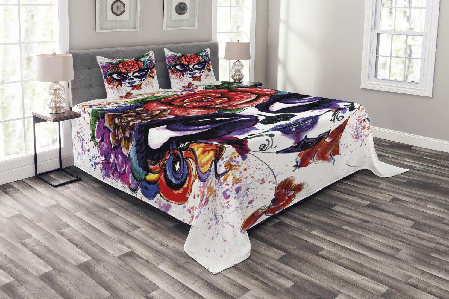 Ambesonne Sugar Skull Queen Size 3-Piece Bedspread Set with Watercolor Floral Crown Design - Decorative Bedding Coverlet & 2 Pillow Shams for Gothic Boho Bedroom Decor | Perfect for Day of the Dead Theme, Halloween & Dorm Room Styling
