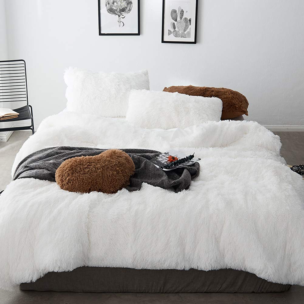 MorroMorn 5-Piece Shaggy Duvet Cover Set - Ultra Soft Faux Fur Luxury Bedding for Full/Queen Size (White) | Cozy Winter Bedroom Upgrade & Boho Home Decor