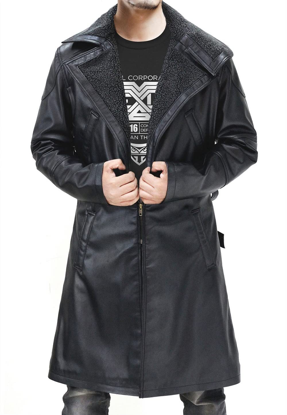 Ryan Gosling Blade Runner 2049 Black Leather Trench Coat - Men's Real Fur Lined Officer Jacket - Premium Vegan Leather Outerwear for Cosplay & Winter Fashion